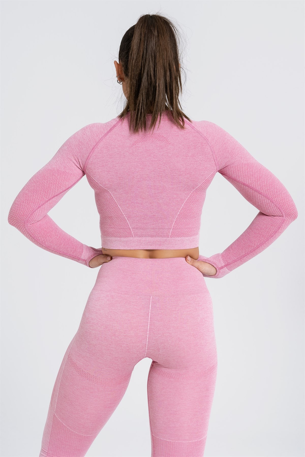 Gymwolves Kadın Uzun Kollu Dikişsiz Spor Tişört | Crop Top | Pembe | Enerji Serisi |