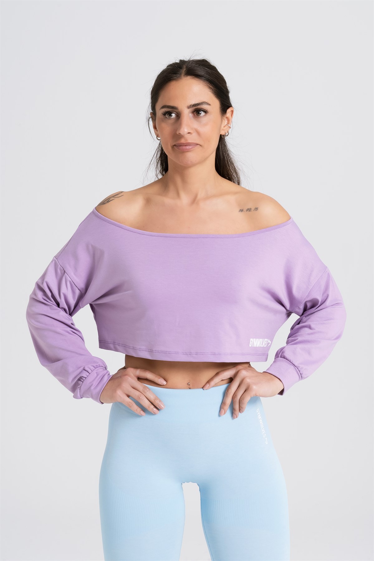 Gymwolves Kayık Yaka Uzun Kollu Crop T-Shirt | Mor | Cotton Serisi |