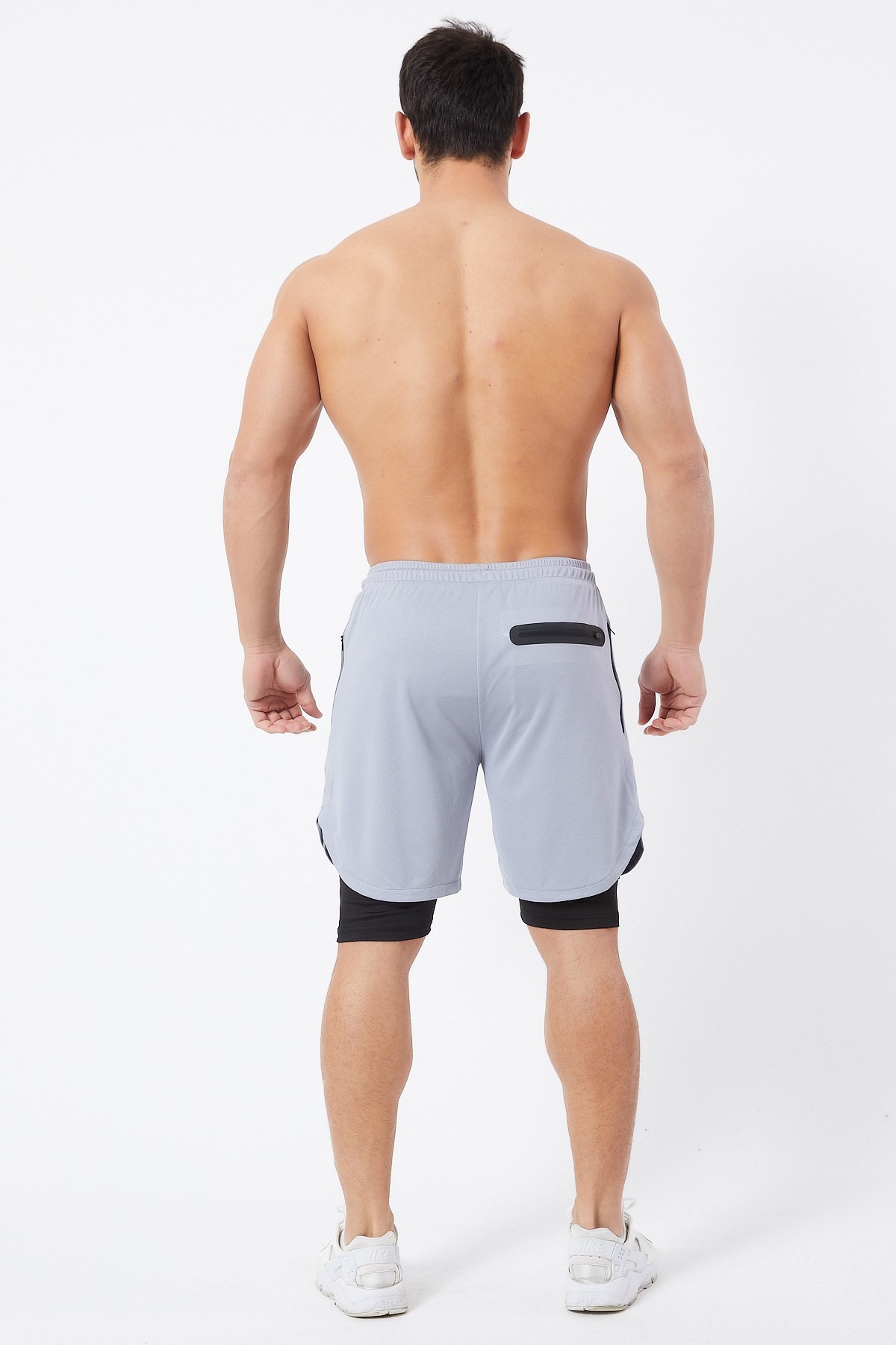 Gymwolves Erkek Spor Şort Çift Katmanlı | Uzun İç Tayt | Açık Gri | Comfortable Serisi |