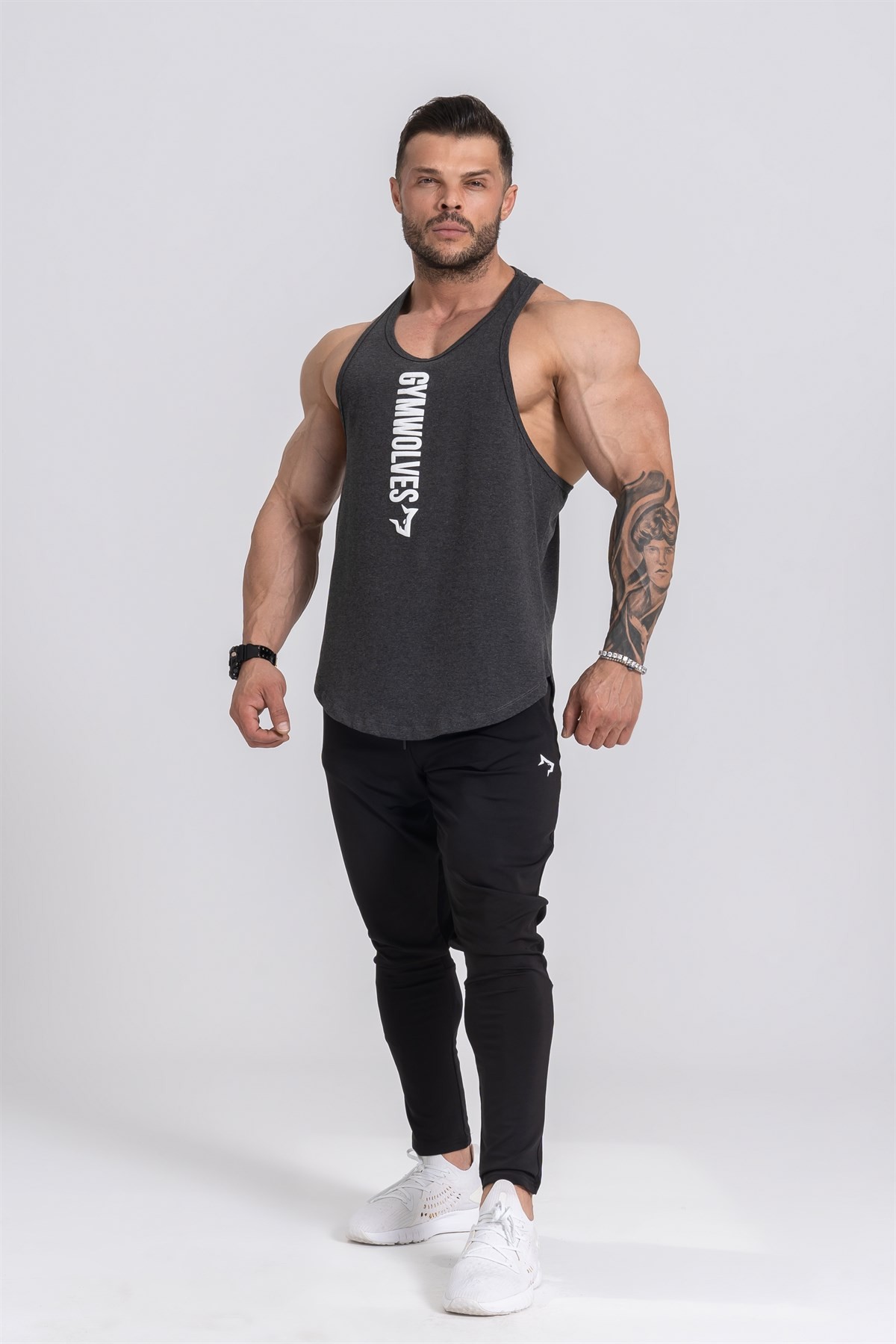 Gymwolves Spor Atleti | Stringer | Workout Tanktop | Siyah Melanj | Comfortable Serisi