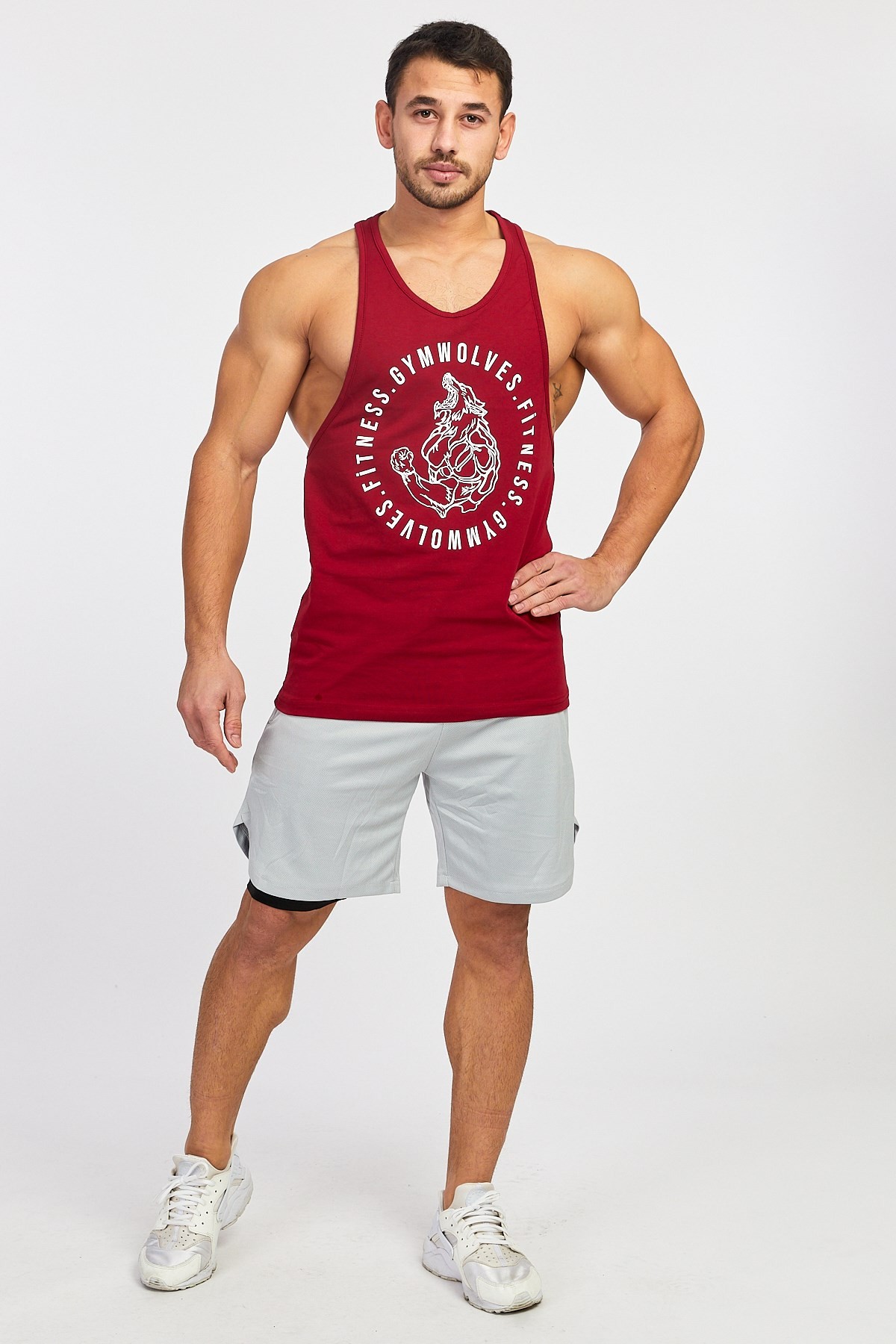 Gymwolves Erkek Spor Atleti | Stringer | Workout Tanktop | Bordo | Wolf Serisi