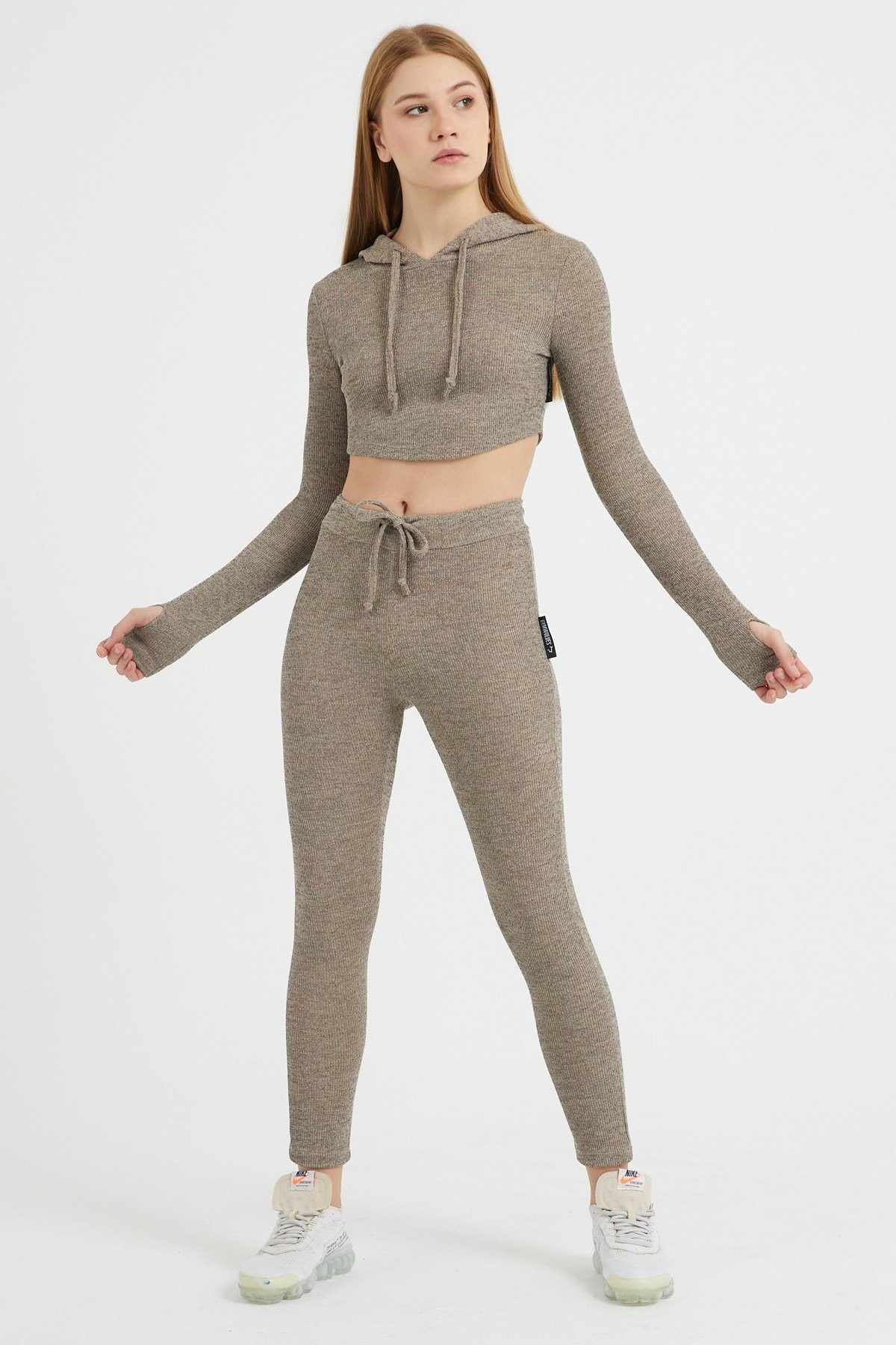 Gymwolves Kadın Eşofman Takımı 3 lü Set | Kahverengi | Bra | Hoodie | Bottom |