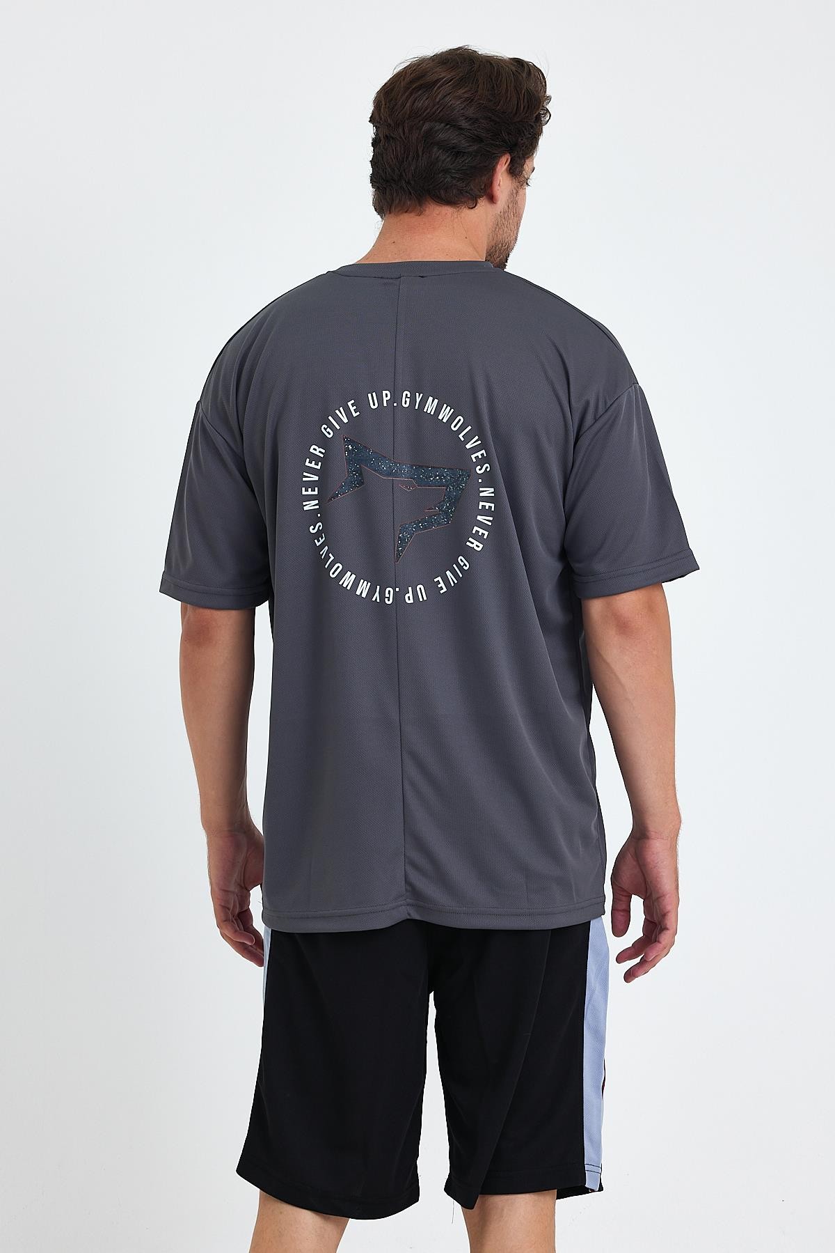 Gymwolves Erkek Over Size Spor T-Shirt | Sırta Kurt  Baskılı | Workout T-Shirt | Tişört | Füme |