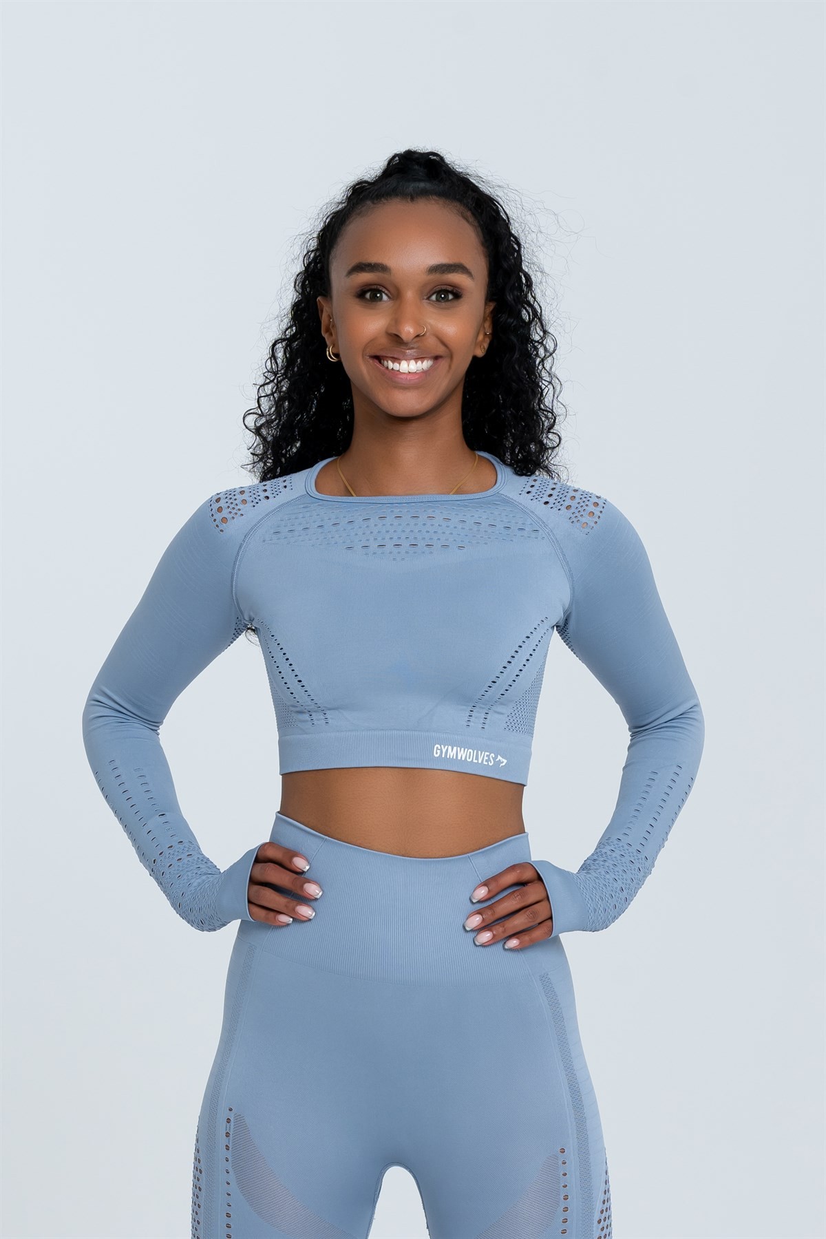 Gymwolves Kadın Uzun Kollu Dikişsiz Spor T-Shirt | Crop Tops | Açık Mavi | Aktive Power Serisi |
