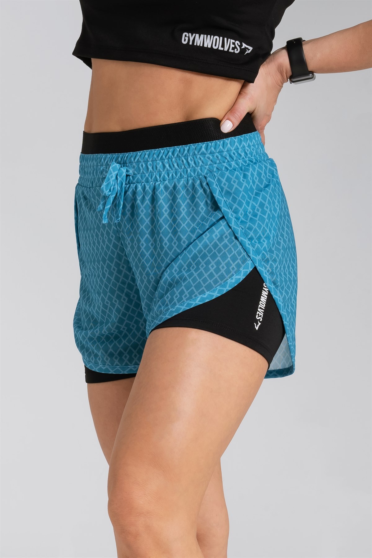 Gymwolves Kadın Spor Şort | İki Konbinasyon Bir Arada | Taytlı Spor Şort | Mavi | Comfortable Serisi |