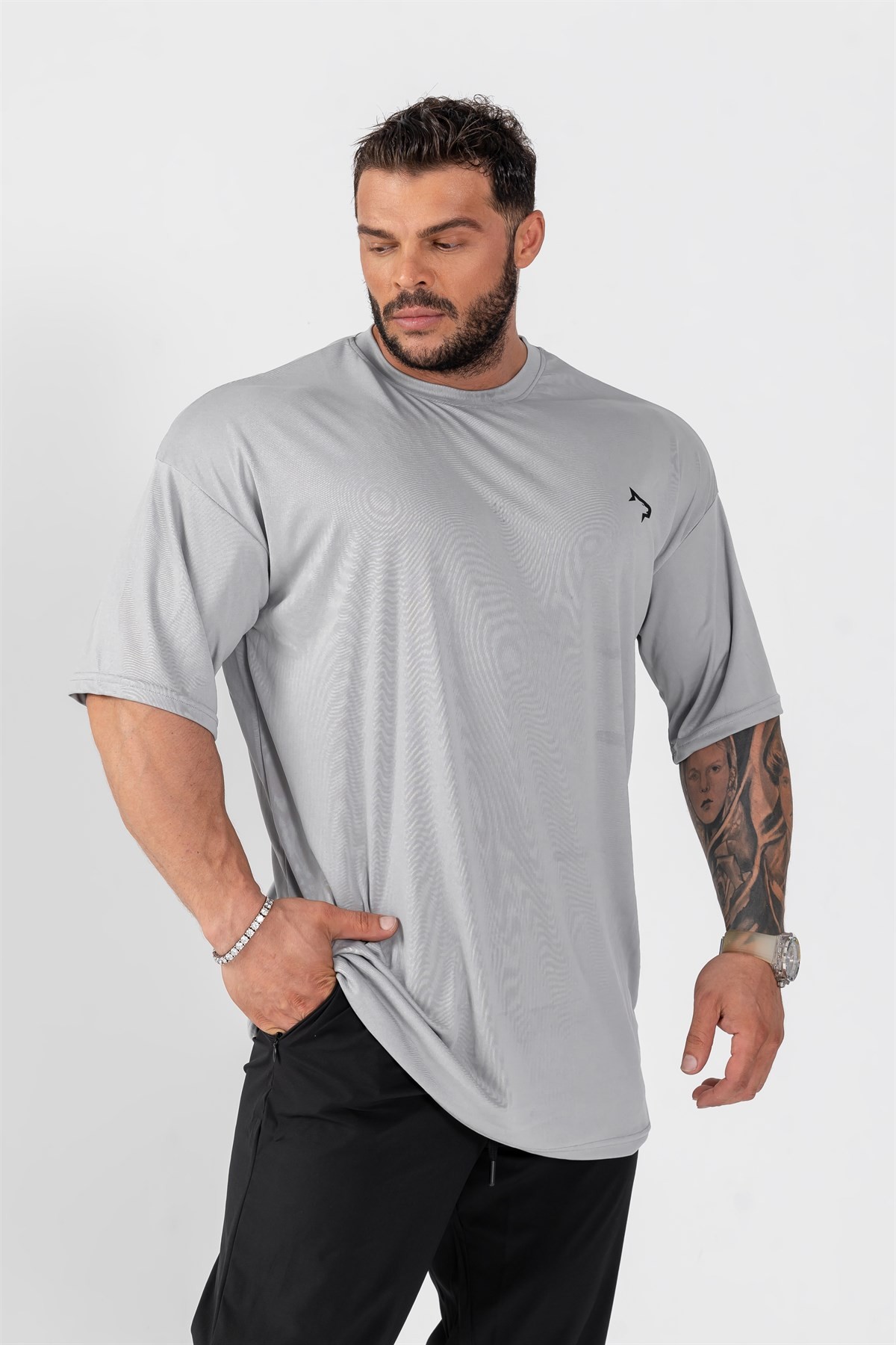 Gymwolves Erkek Over Size Spor T-Shirt | Gri | Workout T-Shirt | Relax Serisi |