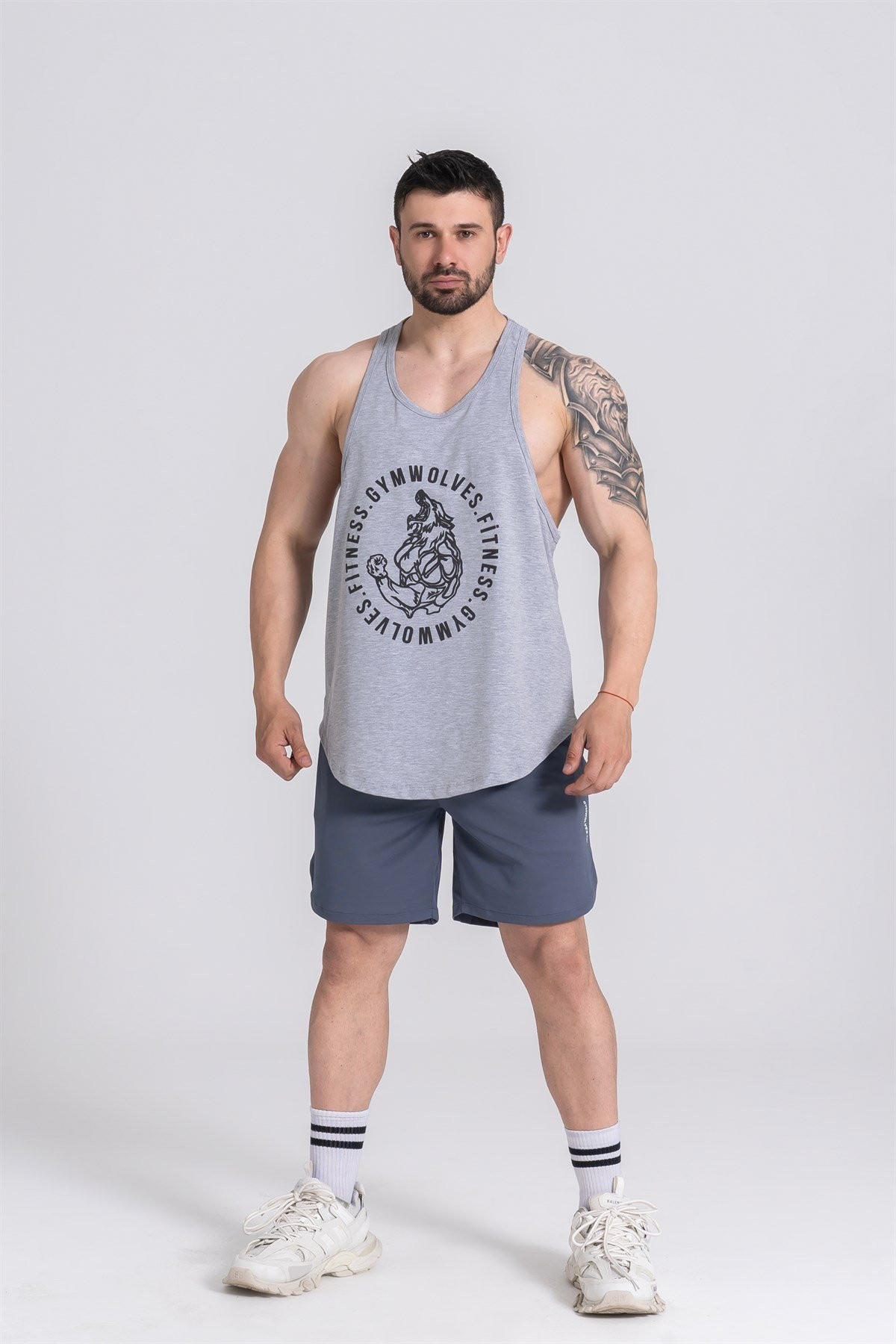 Gymwolves Erkek Spor Atleti | Stringer | Workout Tanktop | Gri | Wolf Serisi