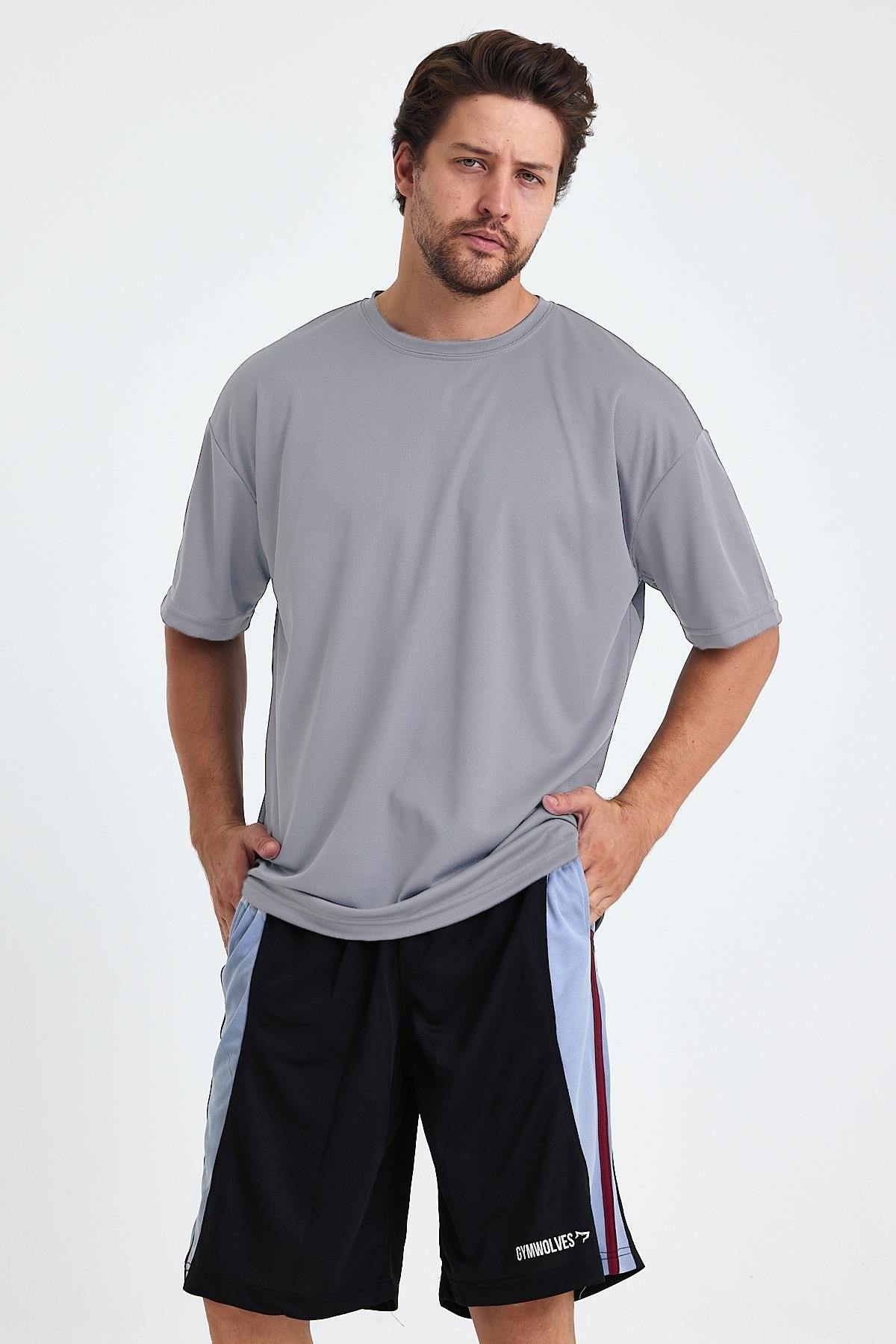 Gymwolves Erkek Over Size Spor T-Shirt | Sırta Kurt  Baskılı | Workout T-Shirt | Tişört | Light Grey |