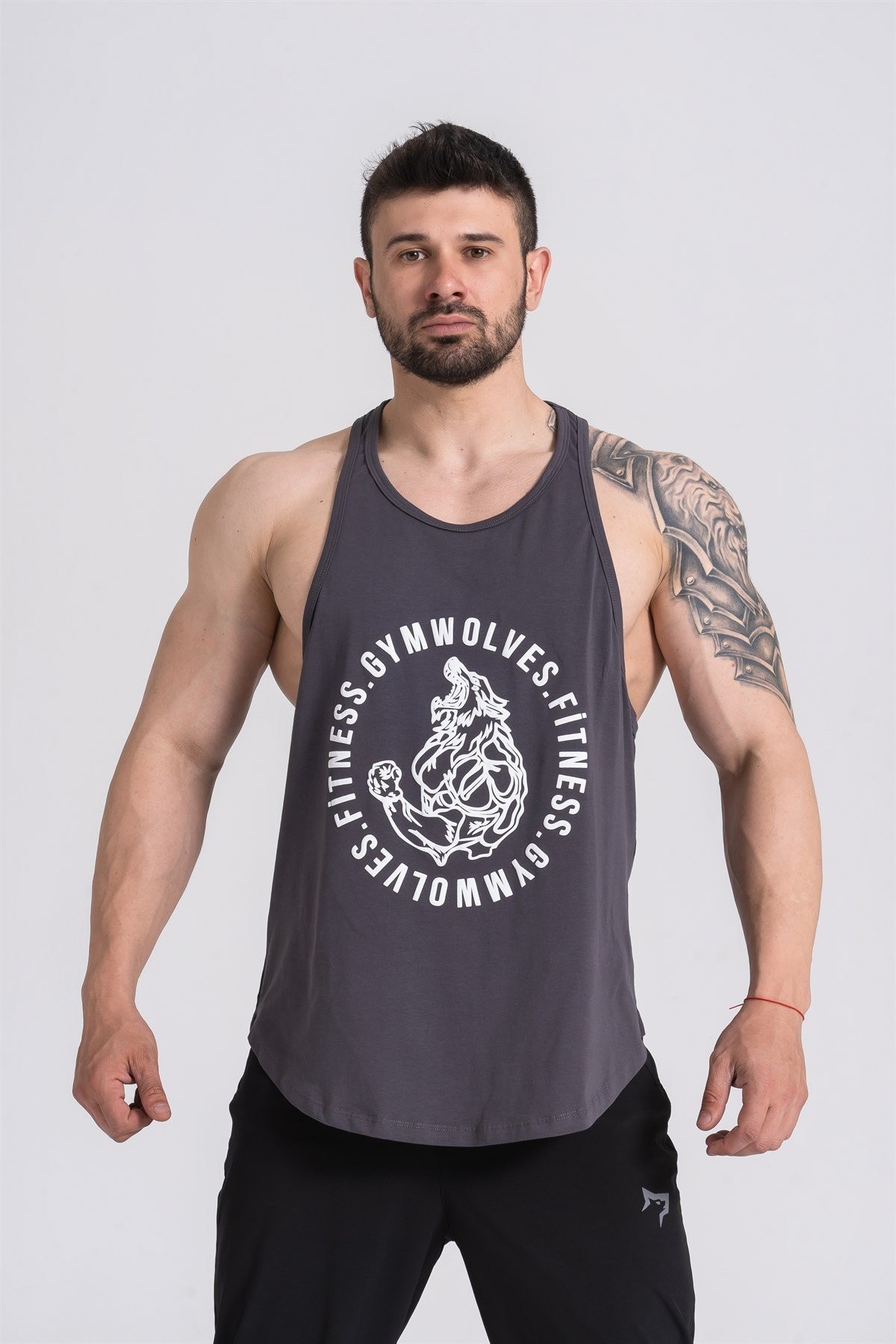 Gymwolves Erkek Spor Atleti | Stringer | Workout Tanktop | Füme | Wolf Serisi