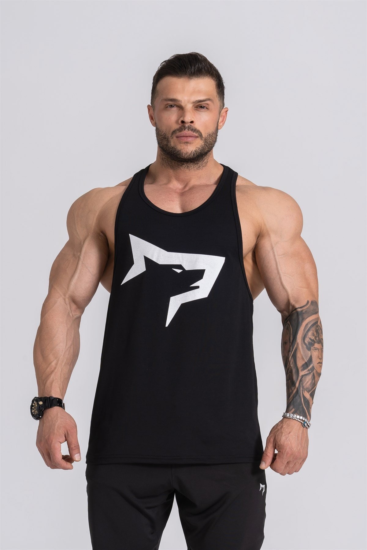 Gymwolves Erkek Spor Atleti | Stringer | Workout Tanktop | Siyah | Wolf Serisi