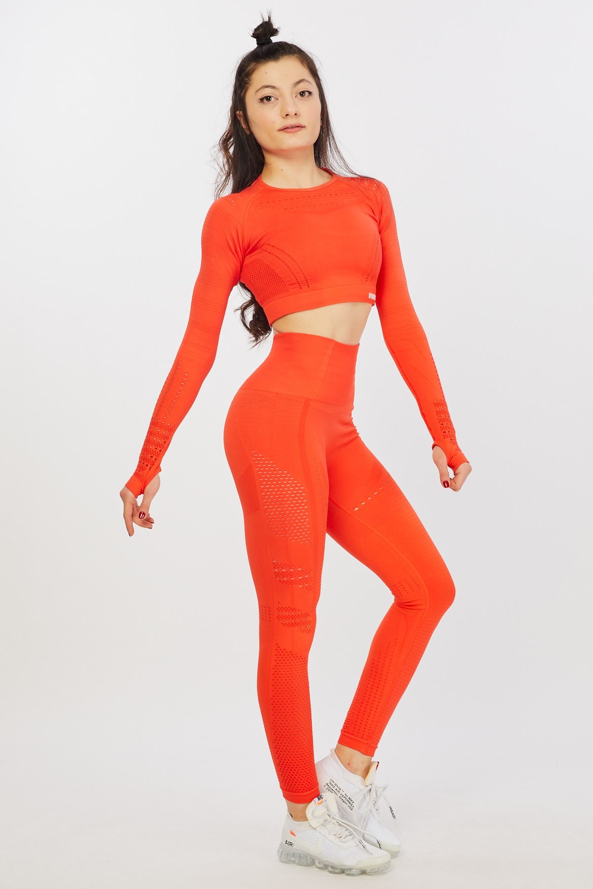 Gymwolves Kadın Uzun Kollu Dikişsiz Spor T-Shirt | Crop Tops | Turuncu | Aktive Power Serisi |