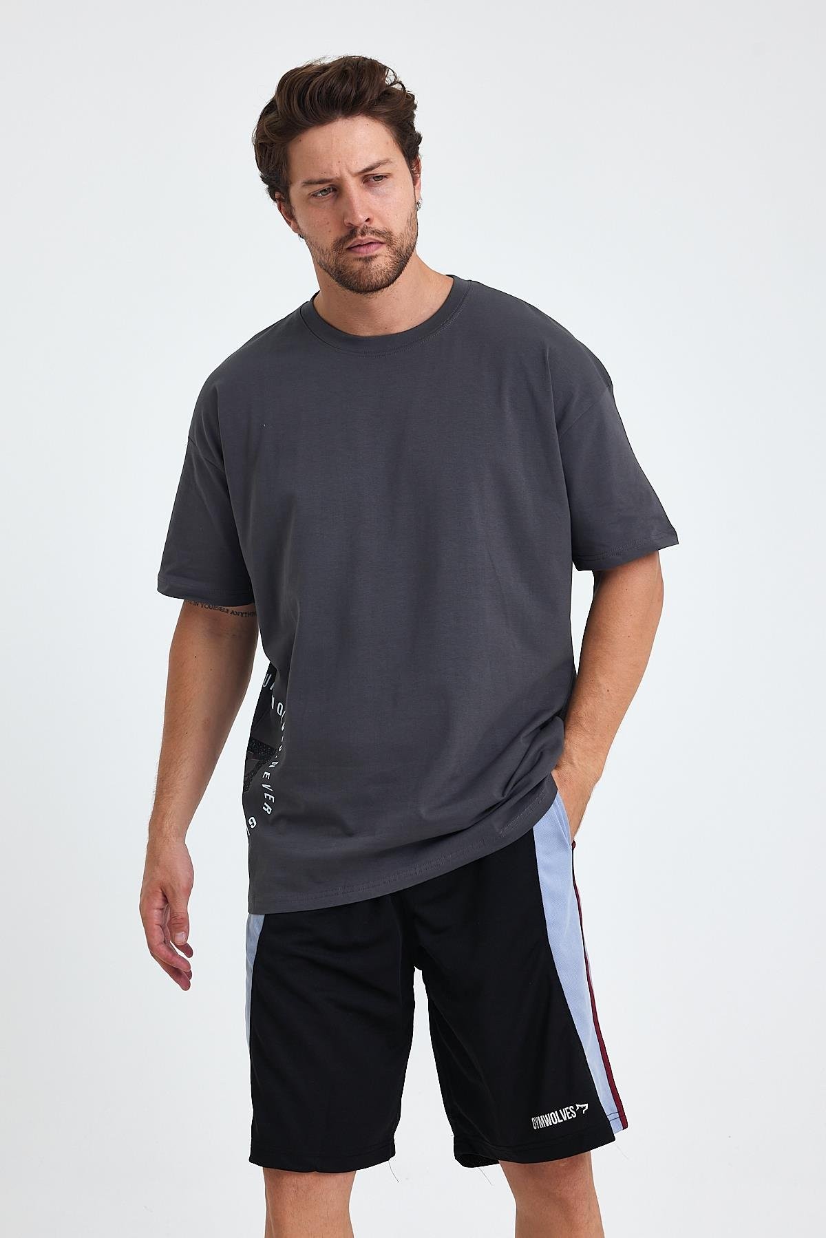 Gymwolves Erkek Over Size Spor T-Shirt | Kurt  Baskılı | Workout T-Shirt | Tişört | Füme |