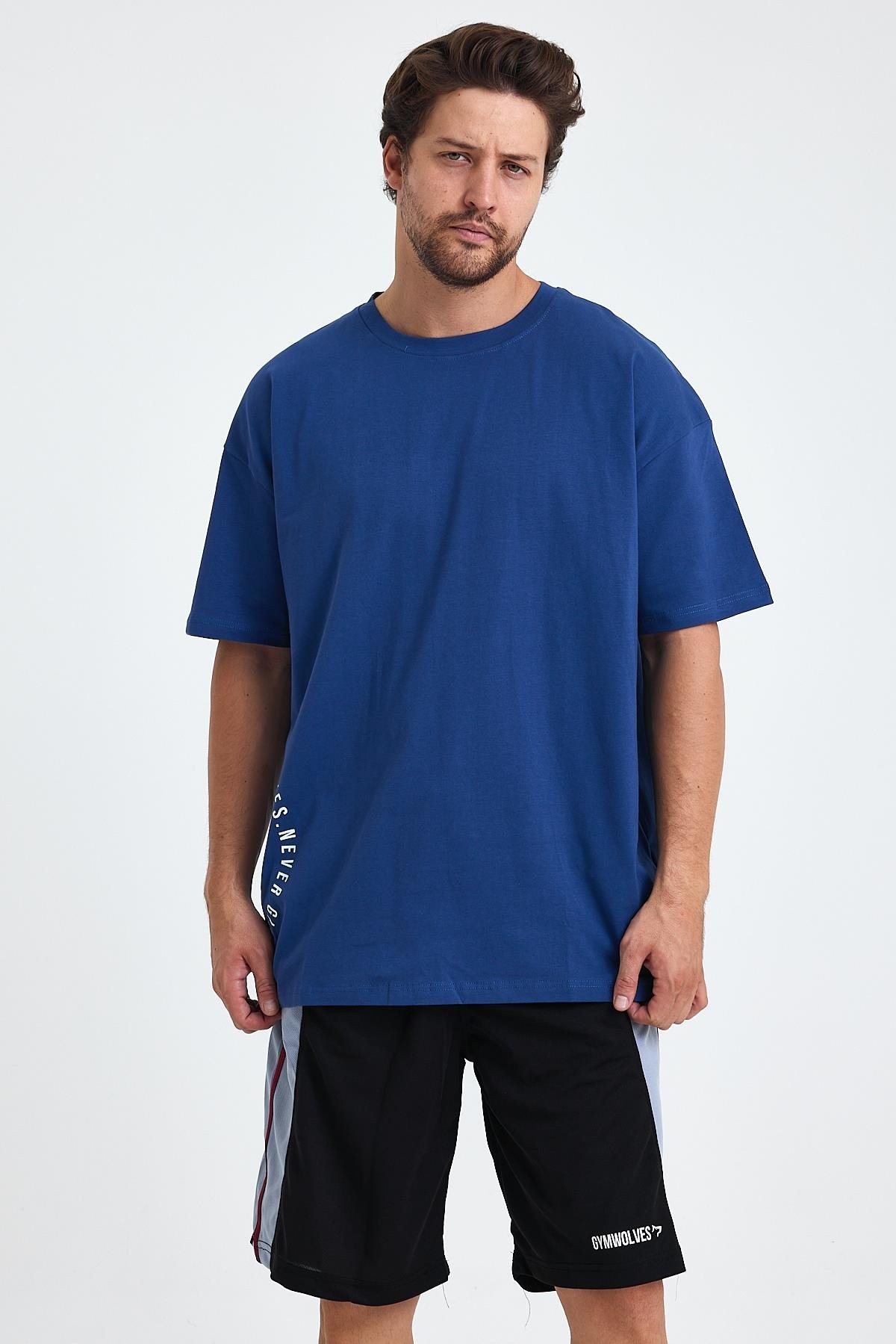 Gymwolves Erkek Over Size Spor T-Shirt | Kurt  Baskılı | Workout T-Shirt | Tişört  | İndigo |