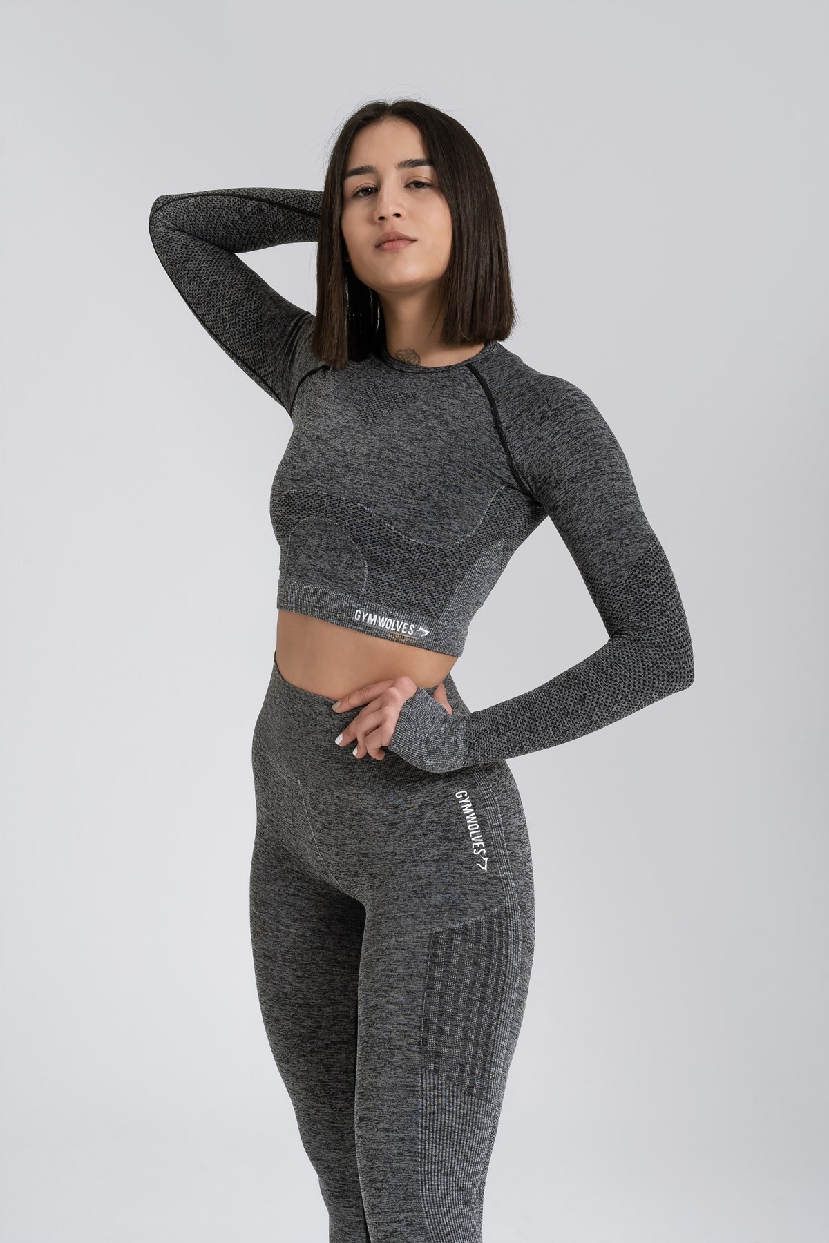 Gymwolves Kadın Uzun Kollu Dikişsiz Spor Tişört | Crop Top | Siyah | Enerji Serisi |