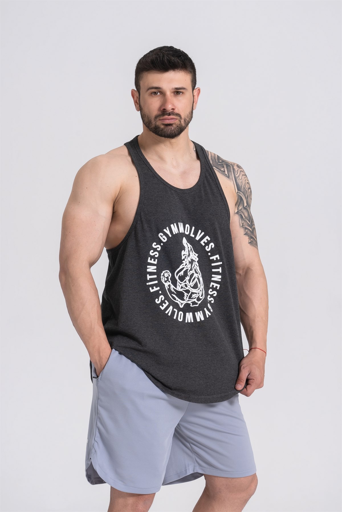 Gymwolves Erkek Spor Atleti | Stringer | Workout Tanktop | Siyah Melanj | Wolf Serisi