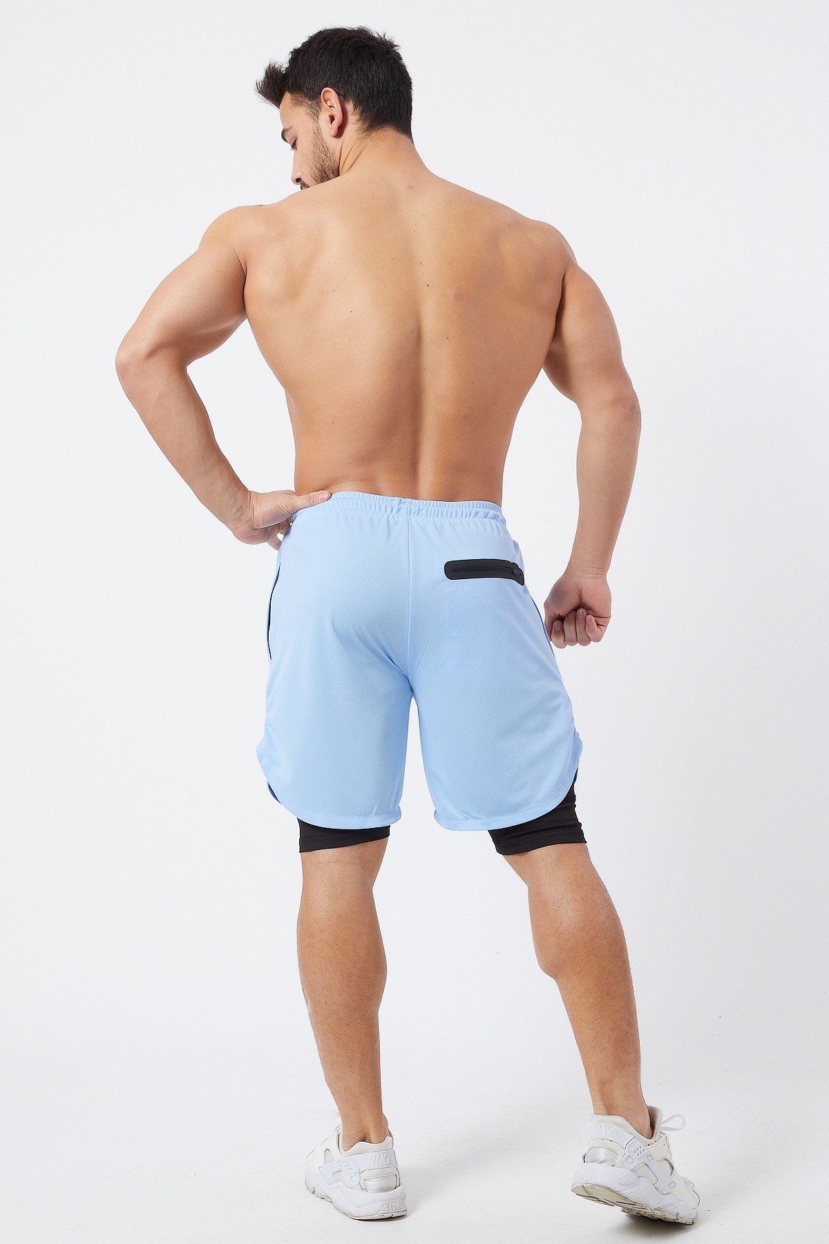Gymwolves Erkek Spor Şort Çift Katmanlı | Uzun İç Tayt | Mavi | Comfortable Serisi |