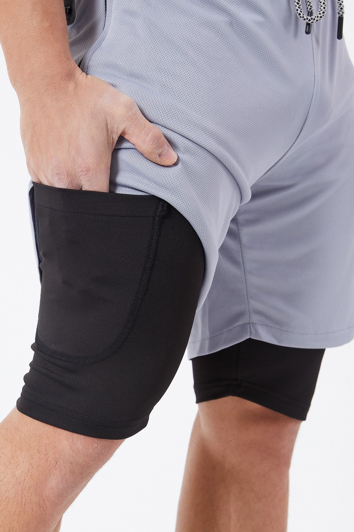 Gymwolves Erkek Spor Şort Çift Katmanlı | Uzun İç Tayt | Açık Gri | Comfortable Serisi |