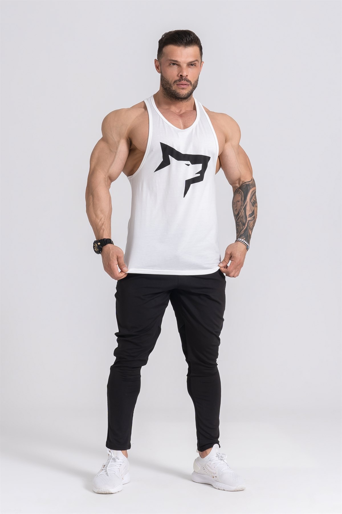 Gymwolves Erkek Spor Atleti | Stringer | Workout Tanktop | Krem | Wolf Serisi