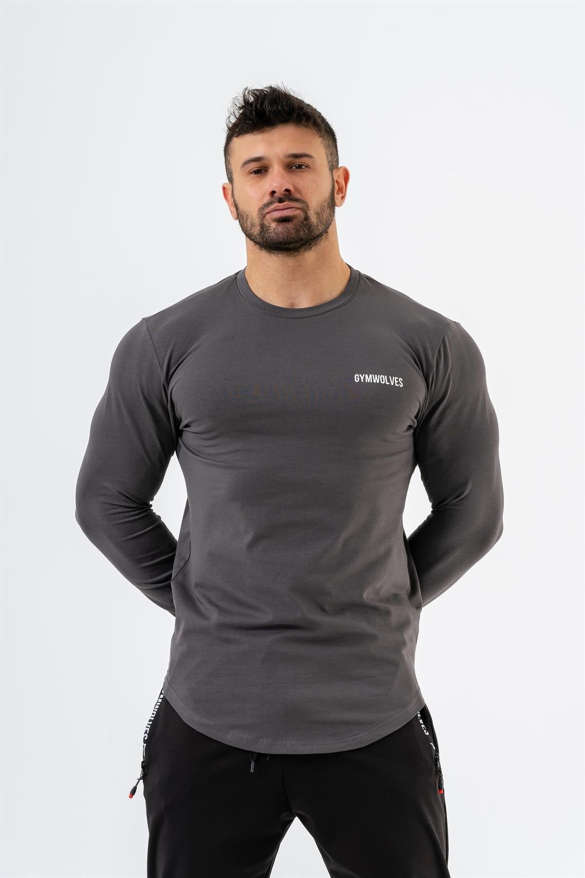 Gymwolves Erkek Spor Body | Füme | Uzun Kollu Spor T-Shirt | Basic Serisi |