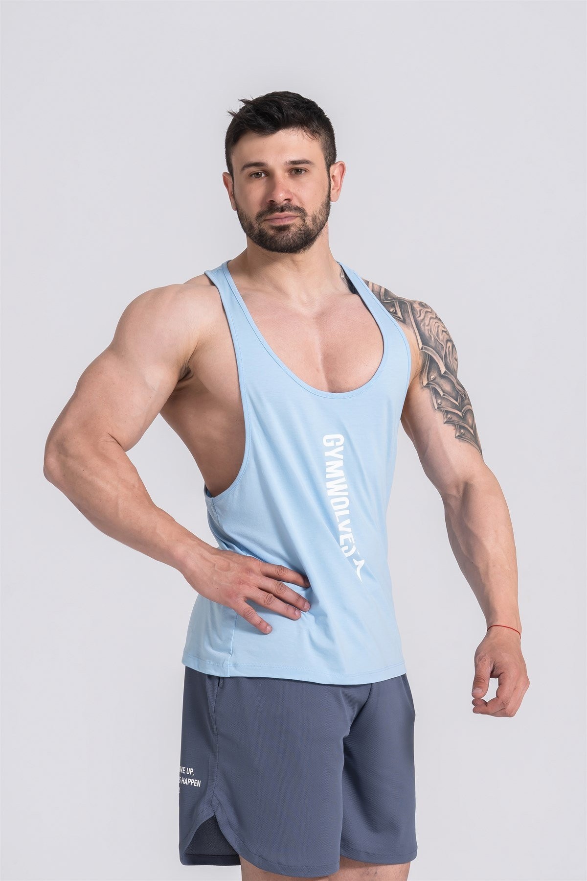 Gymwolves Erkek Spor Atleti İnce Askılı | Stringer | Light Blue | Workout Tanktop |
