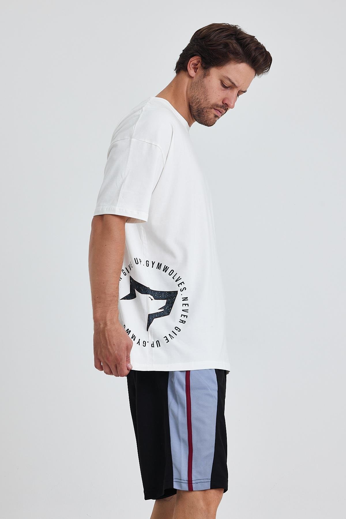 Gymwolves Erkek Over Size Spor T-Shirt | Kurt  Baskılı | Workout T-Shirt | Tişört  | Beyaz |