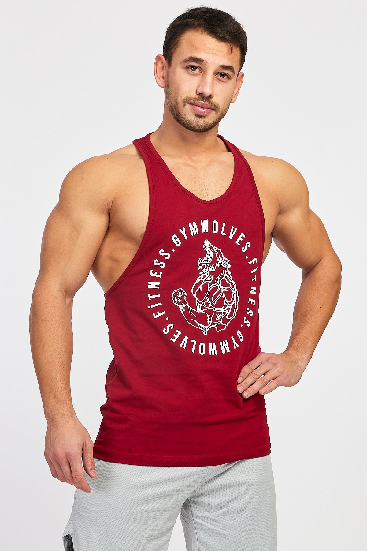 Gymwolves Erkek Spor Atleti | Stringer | Workout Tanktop | Bordo | Wolf Serisi