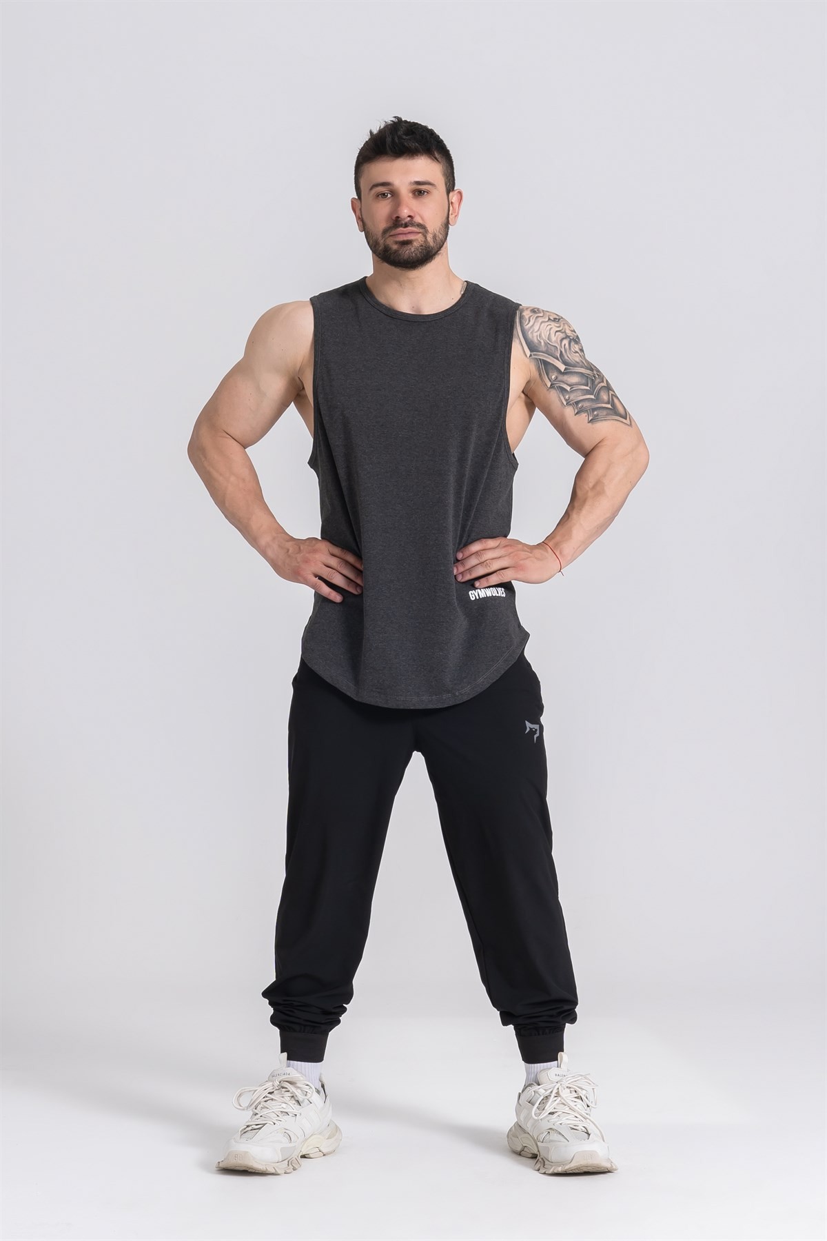 Gymwolves Erkek Kolsuz T-Shirt | Erkek Spor T-shirt | Workout Tanktop | Siyah Melanj | Never Give Up |