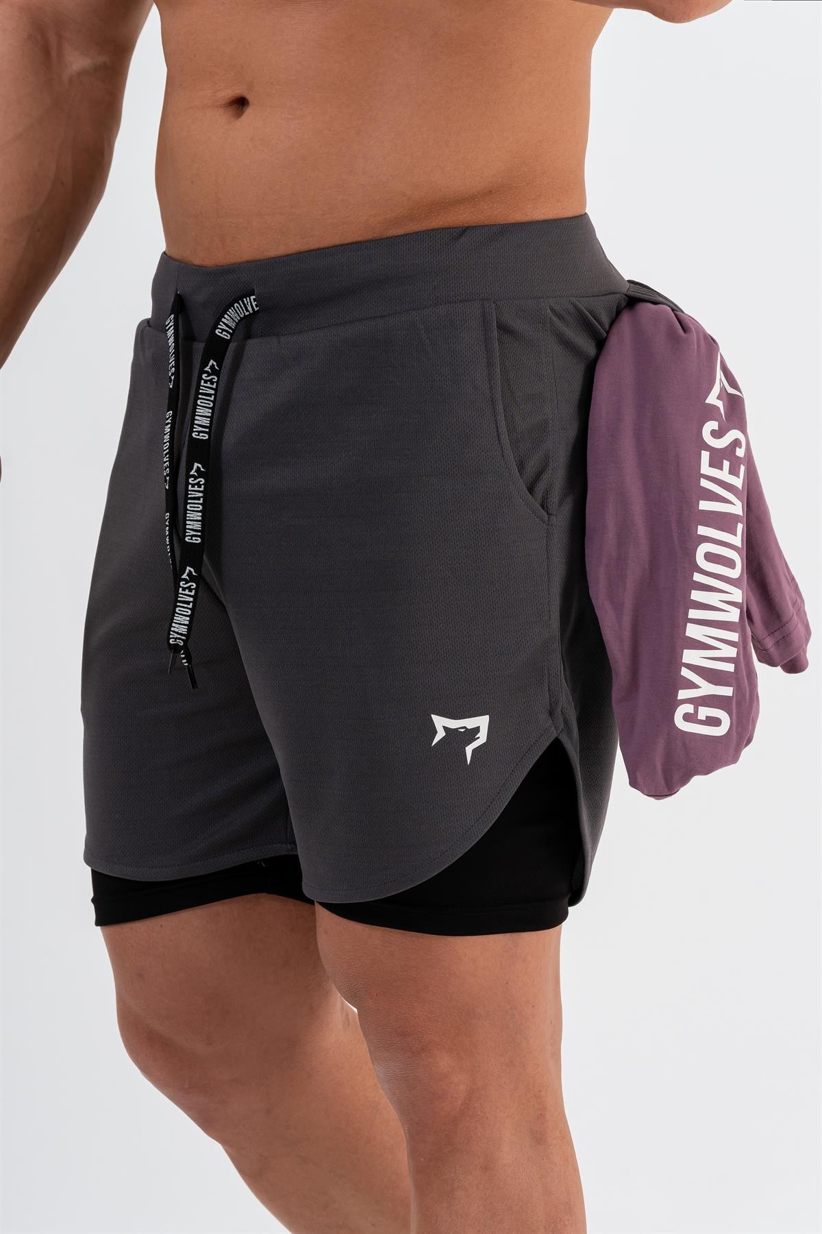 Gymwolves Erkek Spor Şort Çift Katmanlı | Dark Gray | Comfortable Serisi |