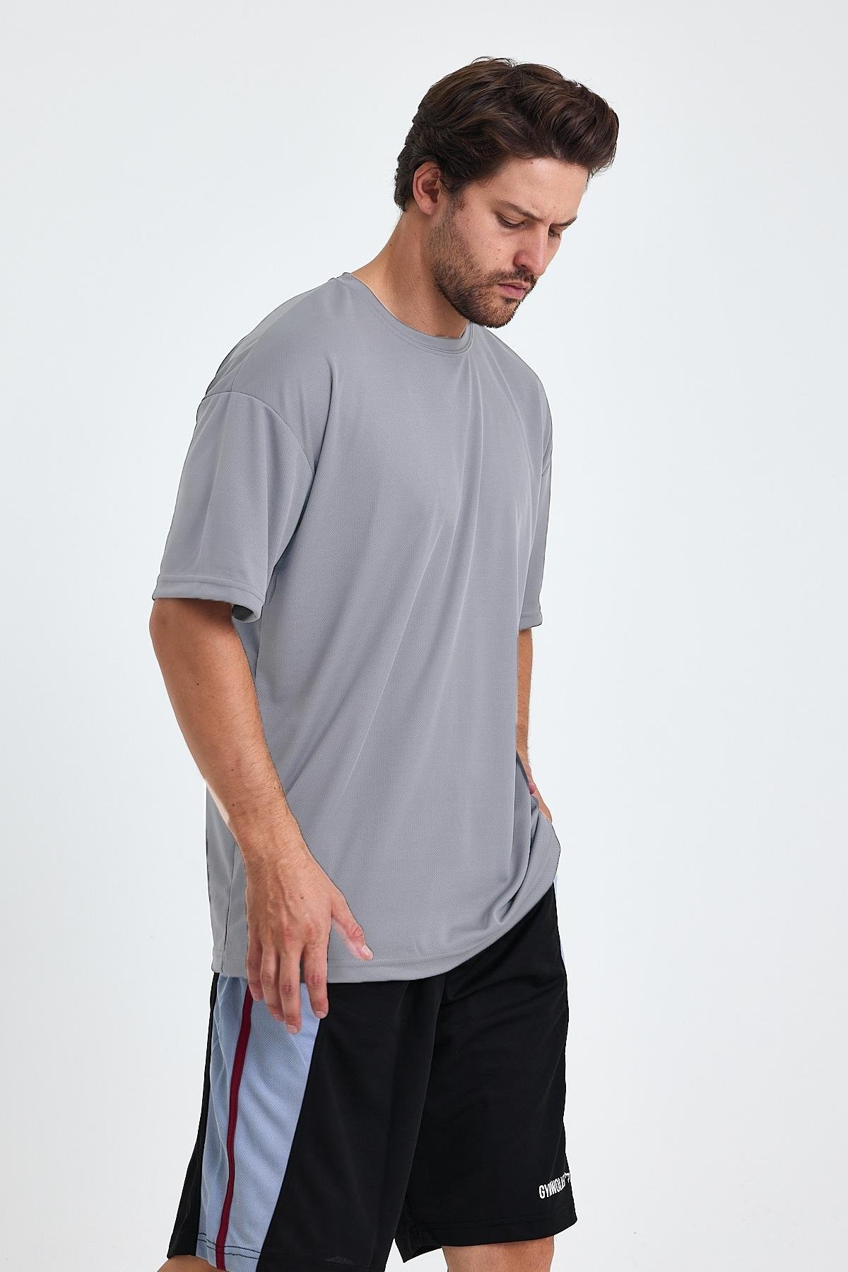 Gymwolves Erkek Over Size Spor T-Shirt | Sırta Kurt  Baskılı | Workout T-Shirt | Tişört | Light Grey |
