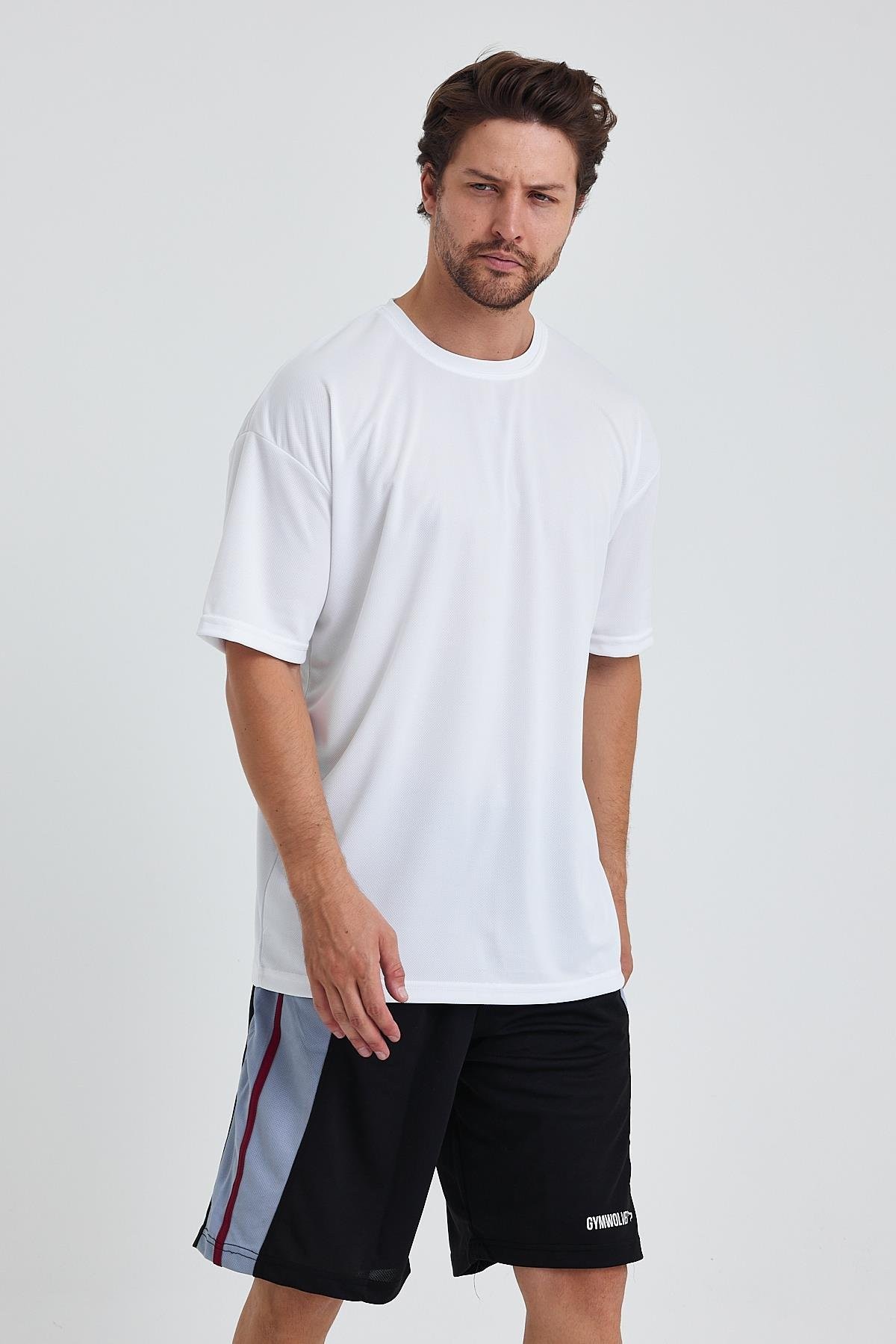 Gymwolves Erkek Over Size Spor T-Shirt | Sırta Kurt  Baskılı | Workout T-Shirt | Tişört | Beyaz |