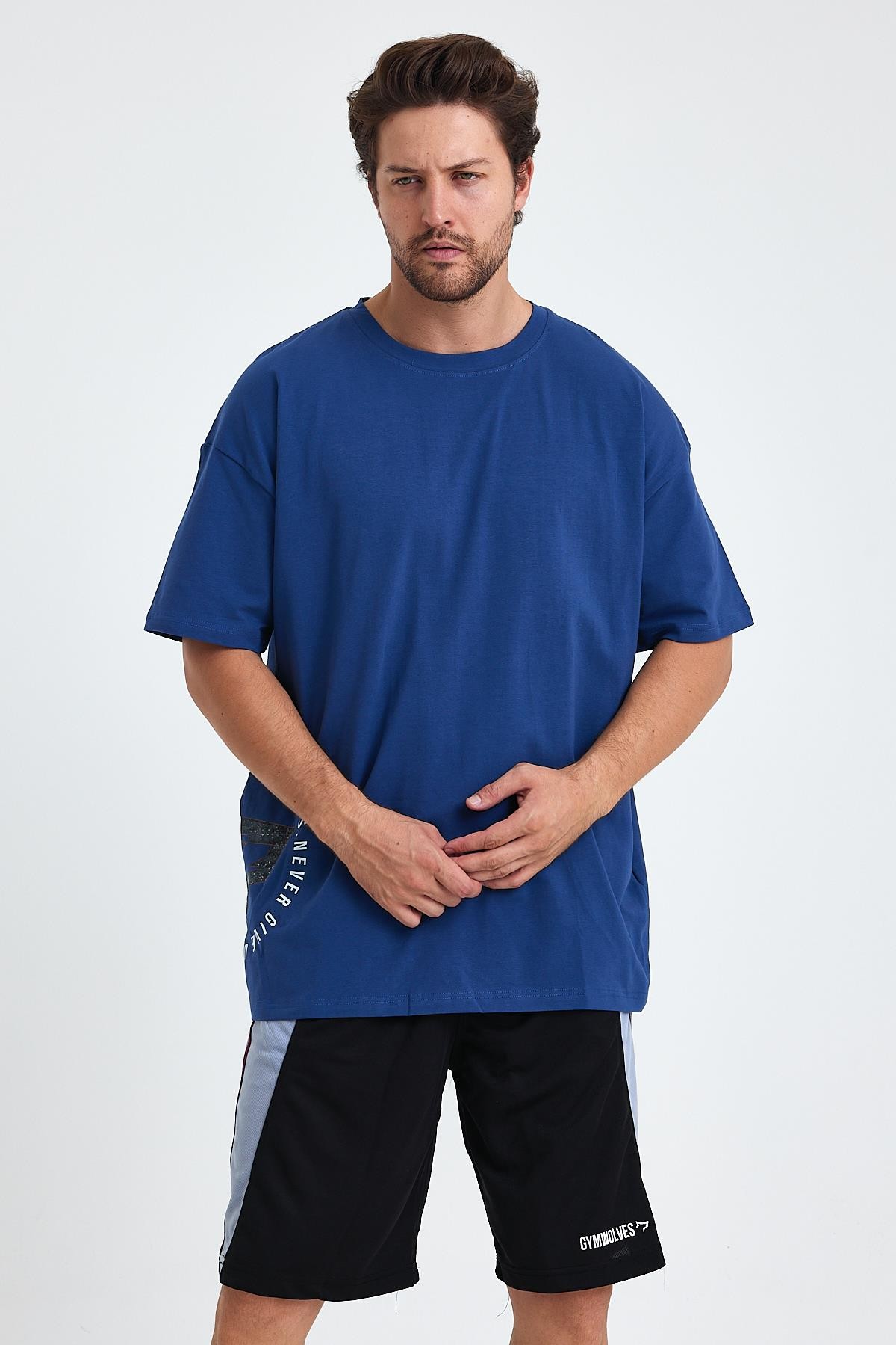 Gymwolves Erkek Over Size Spor T-Shirt | Kurt  Baskılı | Workout T-Shirt | Tişört  | İndigo |