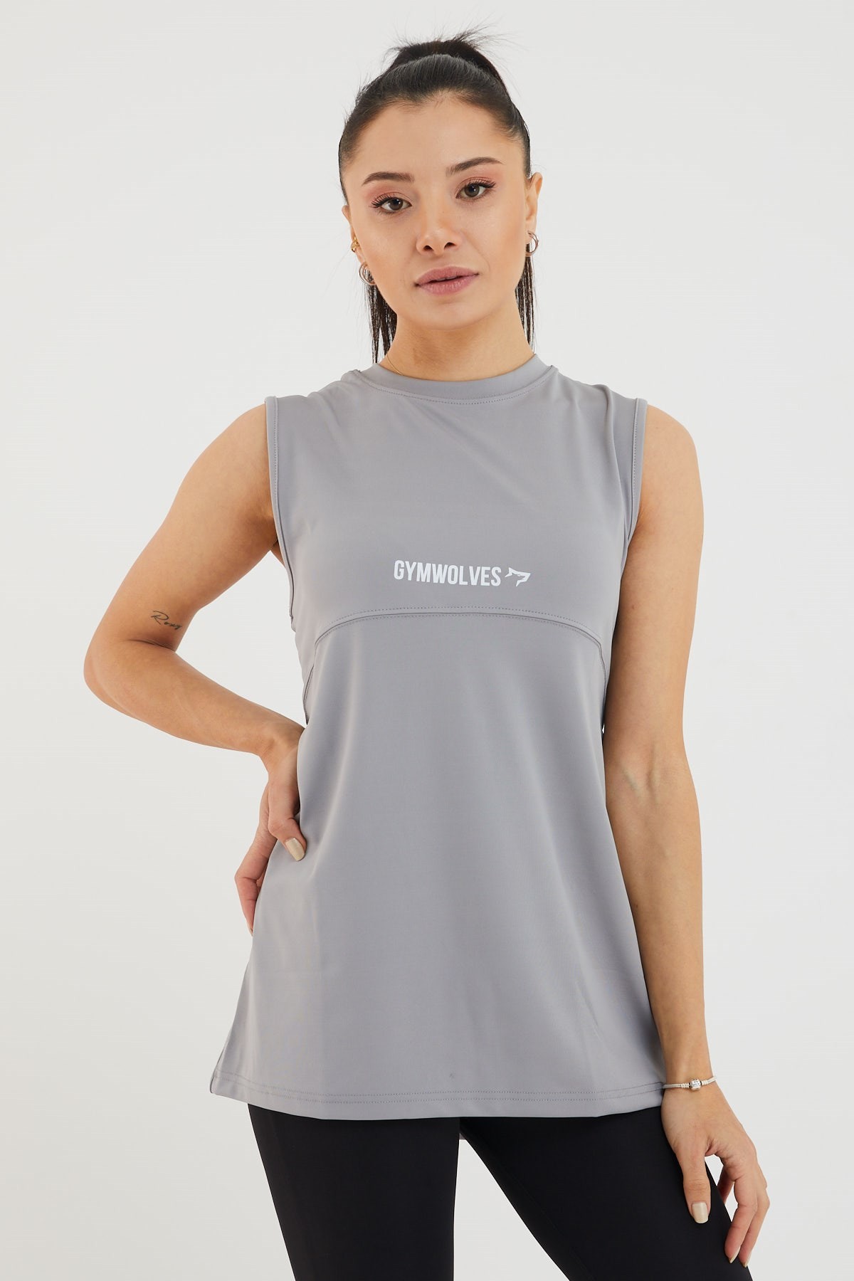 Gymwolves Kadın Spor T-Shirt / Gri | Çift Taraf Giyilebilir Yırtmaçlı