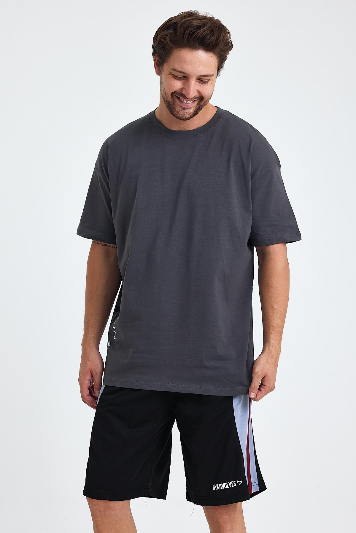 Gymwolves Erkek Over Size Spor T-Shirt | Kurt  Baskılı | Workout T-Shirt | Tişört | Füme |