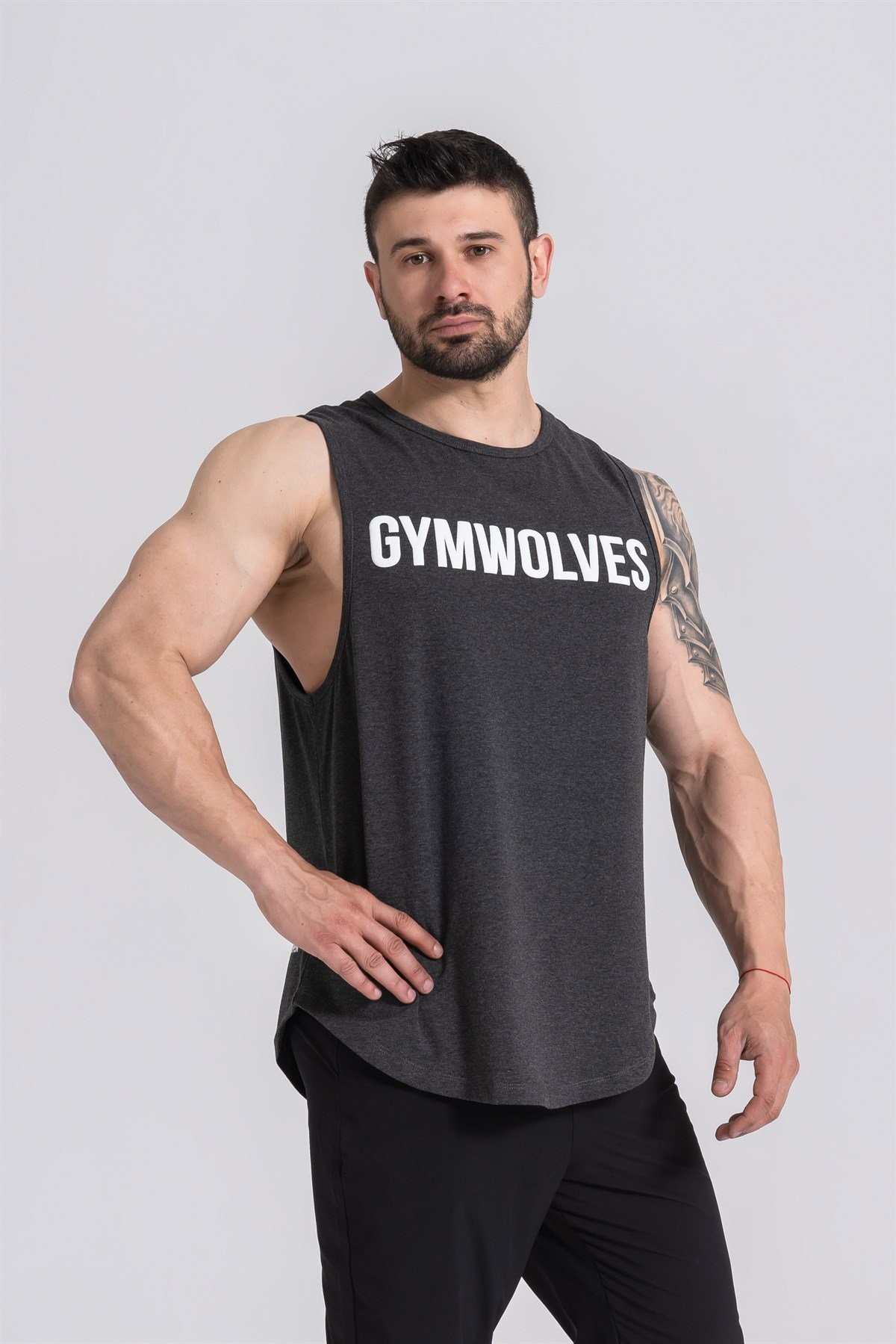 Gymwolves Erkek Kolsuz T-Shirt | Erkek Spor T-shirt | Siyah Melanj | Workout Tanktop |
