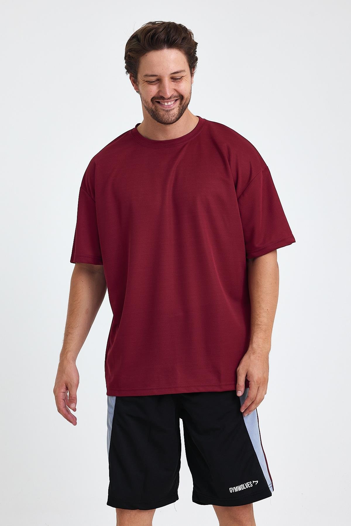 Gymwolves Erkek Over Size Spor T-Shirt | Sırta Kurt  Baskılı | Workout T-Shirt | Tişört | Bordo |