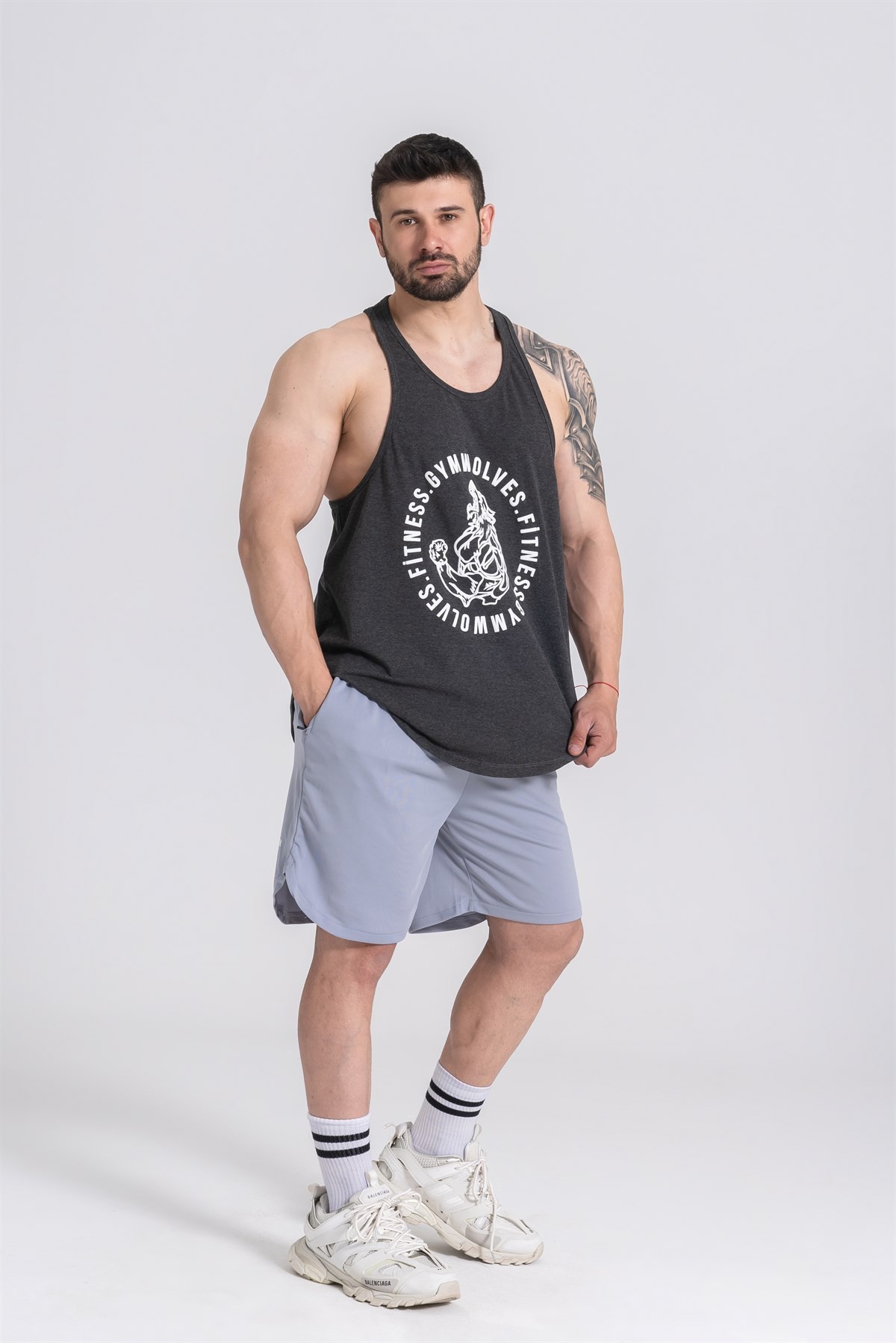 Gymwolves Erkek Spor Atleti | Stringer | Workout Tanktop | Siyah Melanj | Wolf Serisi