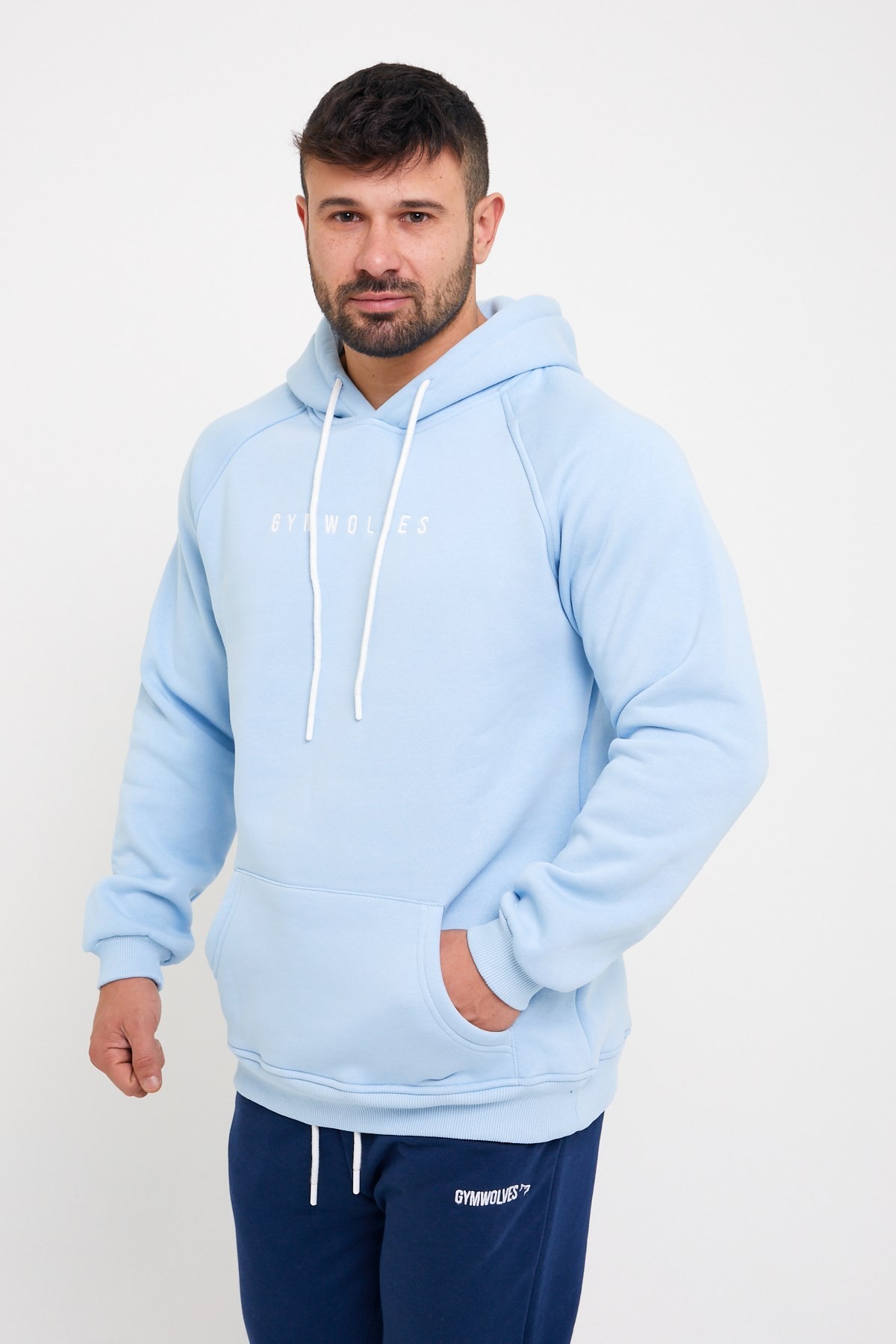 Gymwolves Erkek Kapüşonlu Sweatshirt | Light Blue | Hoodies |