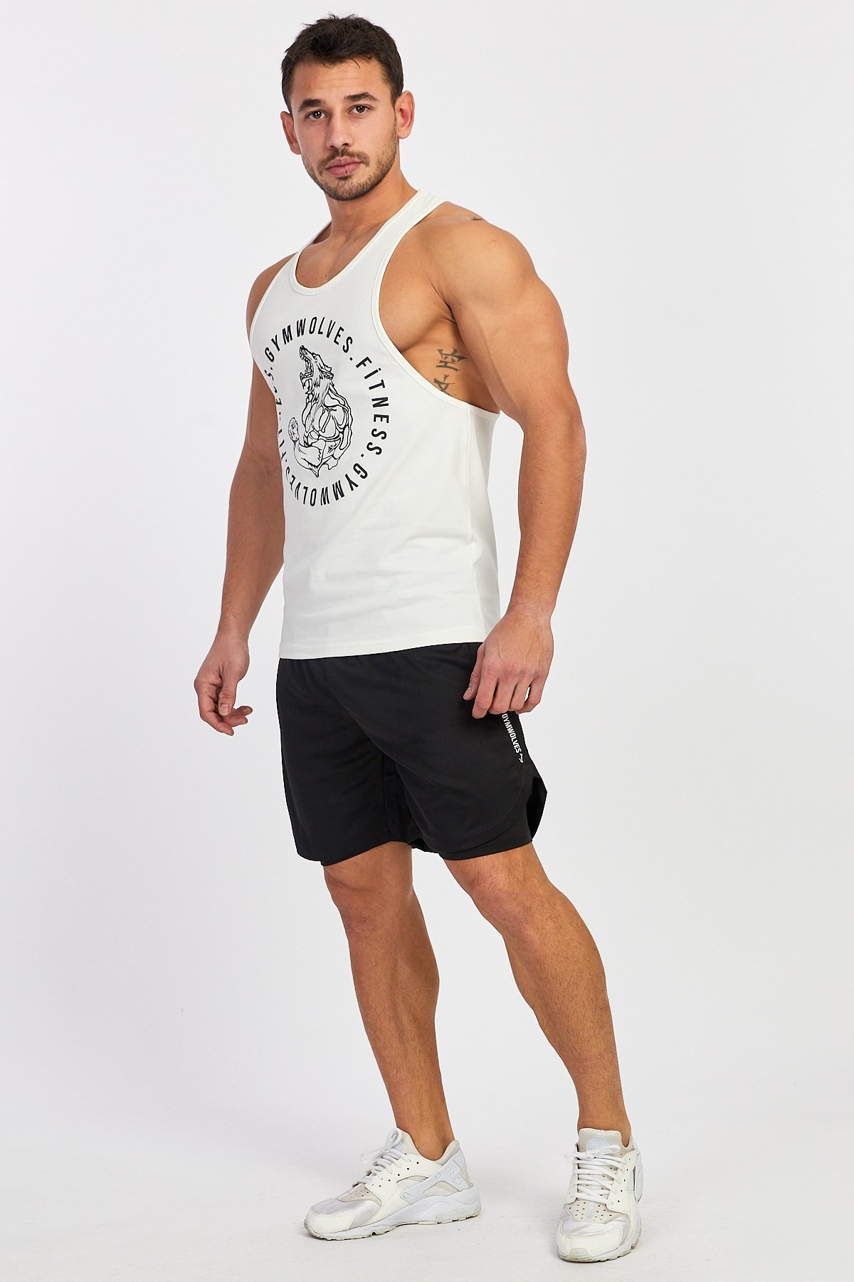 Gymwolves Erkek Spor Atleti | Stringer | Workout Tanktop | Krem | Wolf Serisi