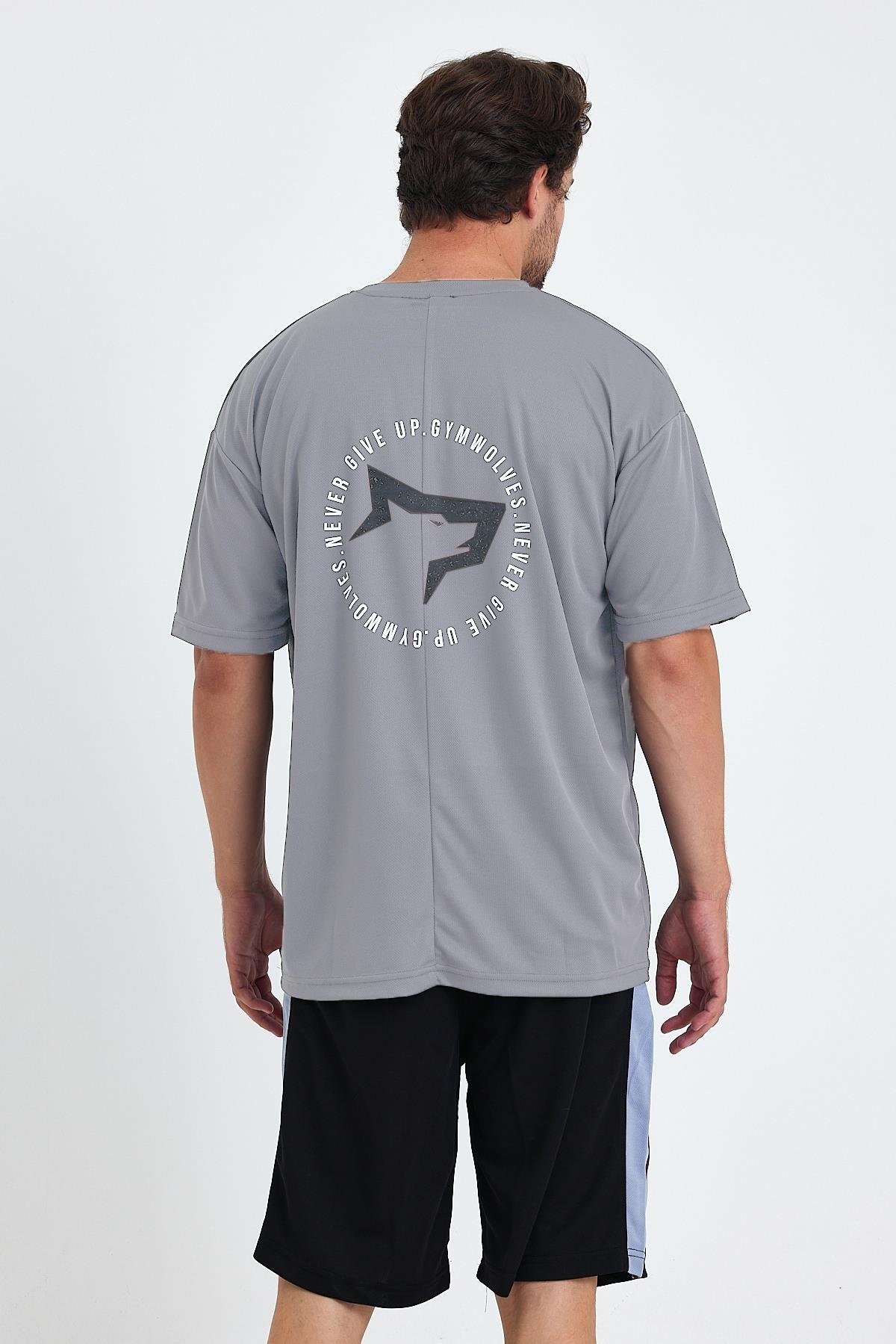 Gymwolves Erkek Over Size Spor T-Shirt | Sırta Kurt  Baskılı | Workout T-Shirt | Tişört | Light Grey |