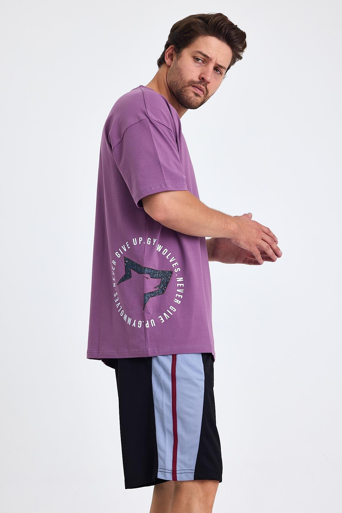 Gymwolves Erkek Over Size Spor T-Shirt | Kurt  Baskılı | Workout T-Shirt | Tişört | Mor |