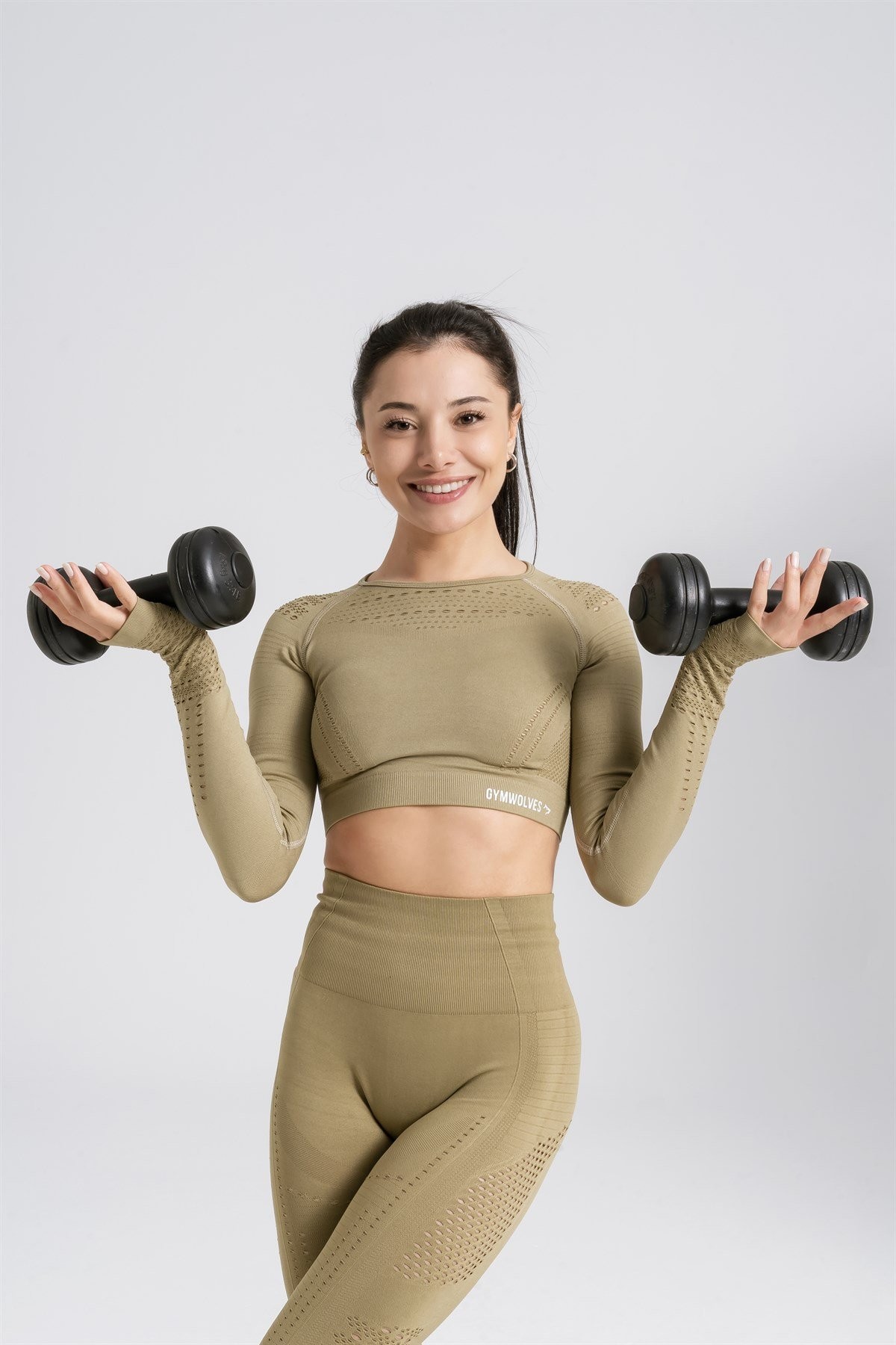 Gymwolves Kadın Uzun Kollu Dikişsiz Spor T-Shirt | Crop Tops | Yeşil | Aktive Power Serisi |