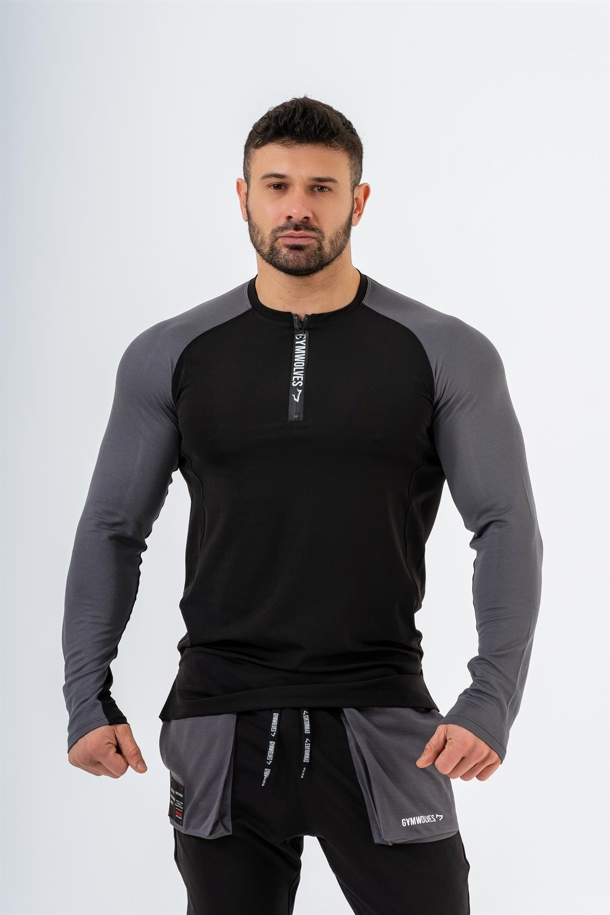 Gymwolves Erkek Spor Body | Gri | Uzun Kollu Spor T-Shirt  | AirPro Serisi |