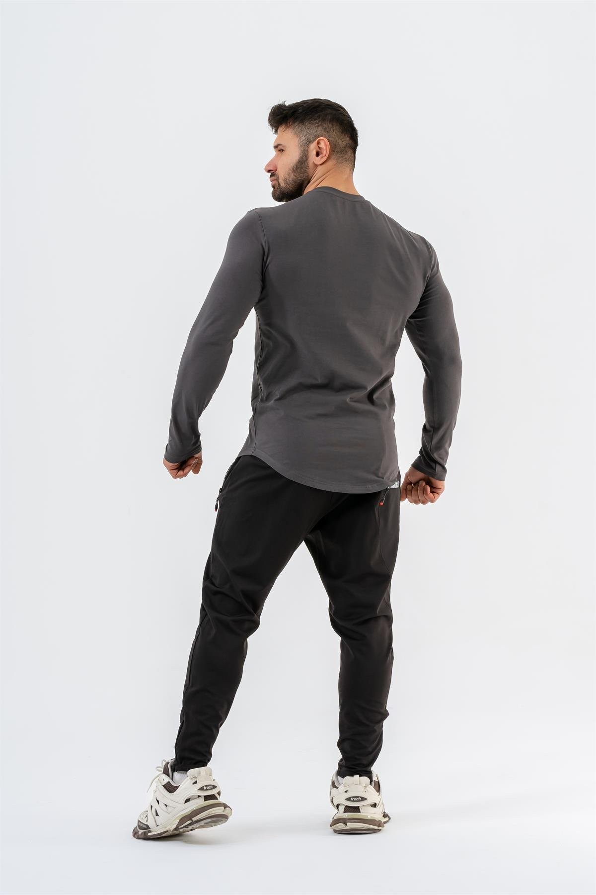 Gymwolves Erkek Spor Body | Füme | Uzun Kollu Spor T-Shirt | Basic Serisi |