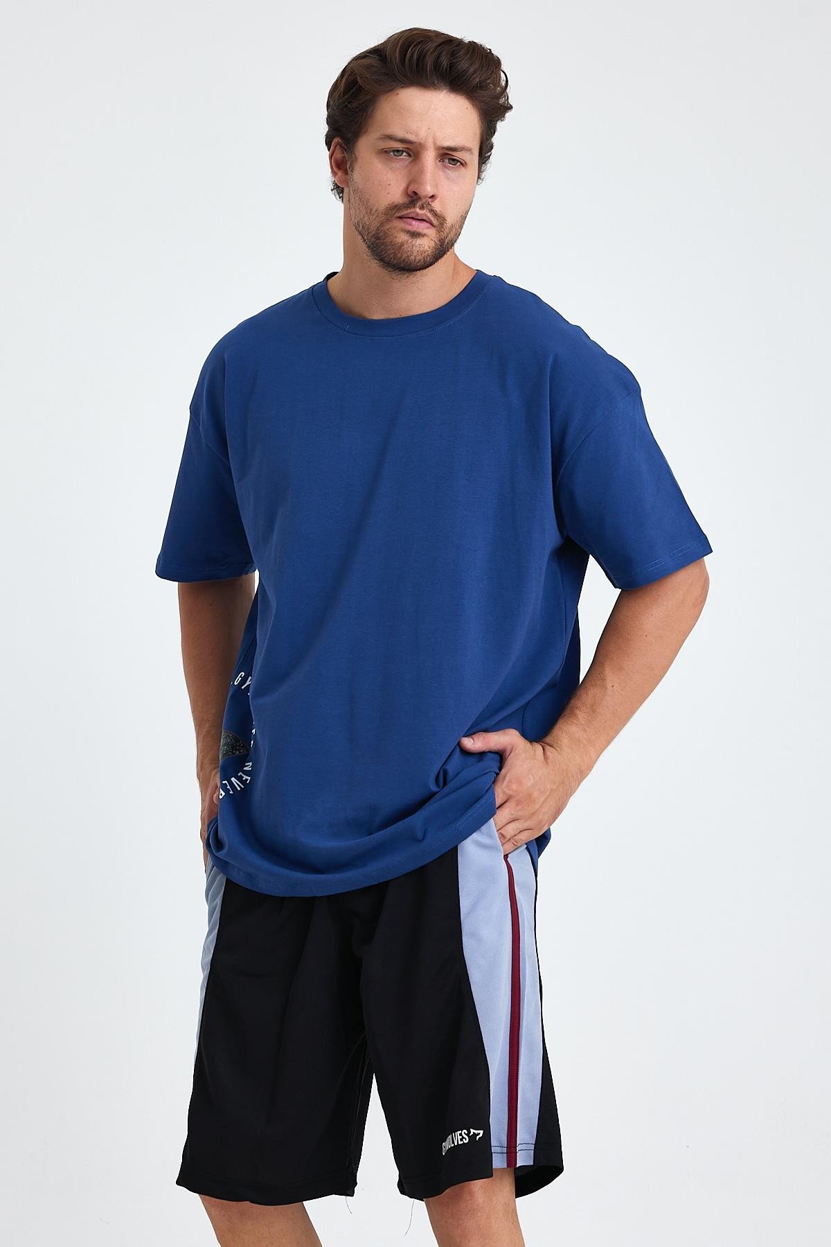 Gymwolves Erkek Over Size Spor T-Shirt | Kurt  Baskılı | Workout T-Shirt | Tişört  | İndigo |