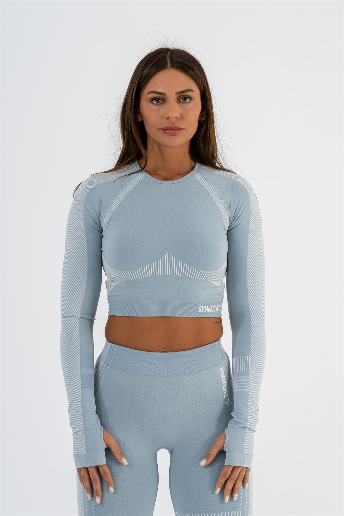 Gymwolves Kadın Uzun Kollu Dikişsiz Spor Tişört | Light Blue | Crop Tops |