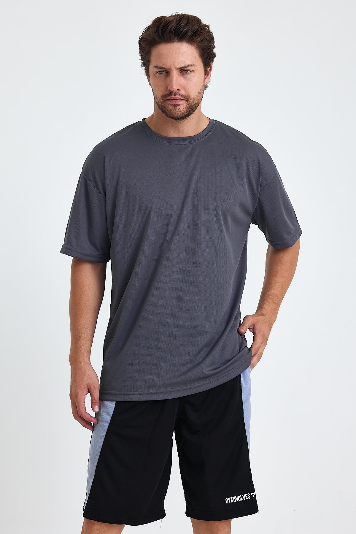 Gymwolves Erkek Over Size Spor T-Shirt | Sırta Kurt  Baskılı | Workout T-Shirt | Tişört | Füme |