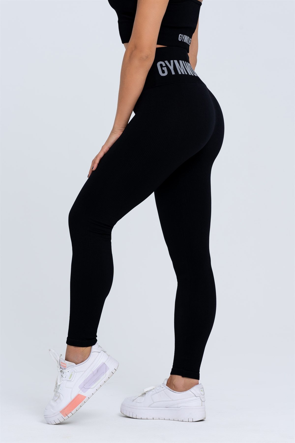 Gymwolves Dikişsiz Spor Tayt | Siyah | Seamles Leggings | Fitilli | Anvelop Model |