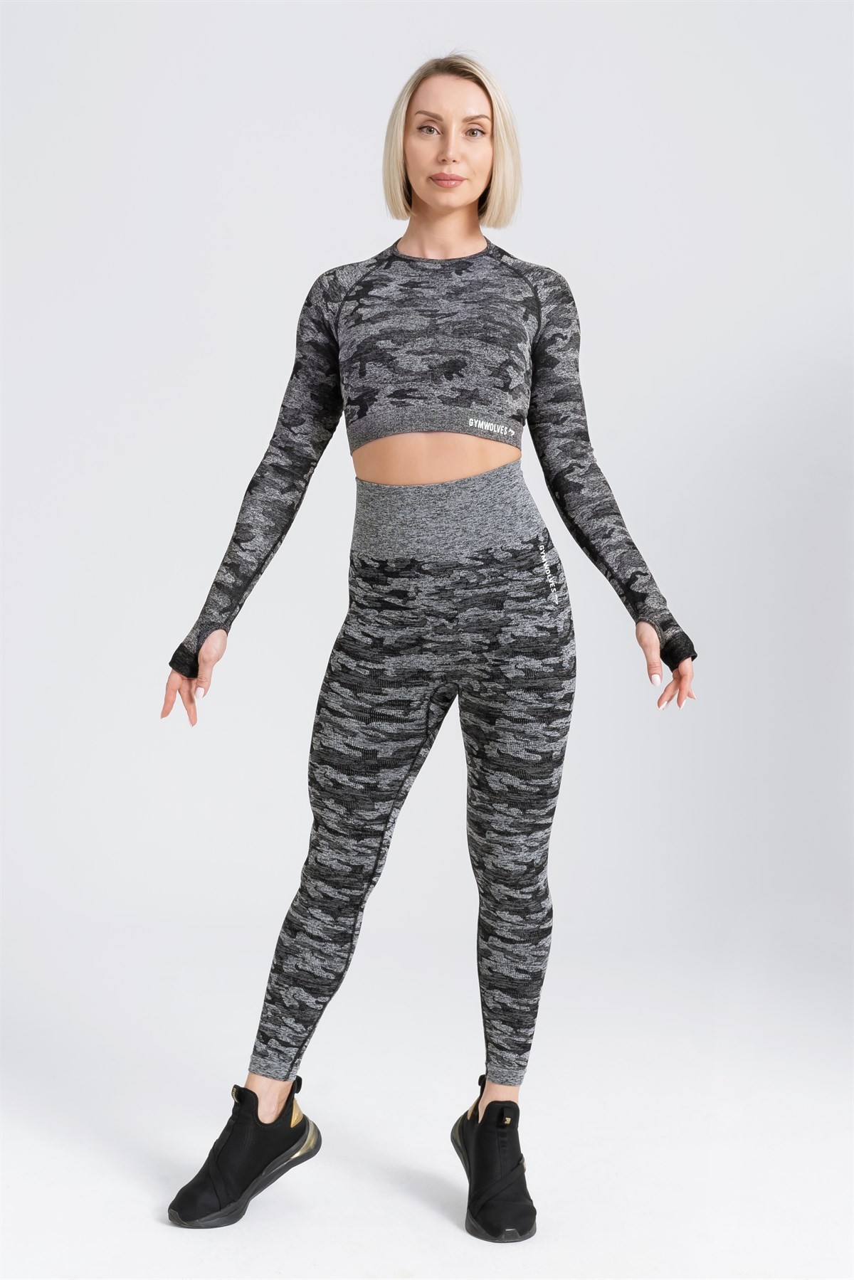 Gymwolves Kadın Uzun Kollu Dikişsiz Spor Tişört | Crop Tops | Siyah | Action Serisi Serisi |