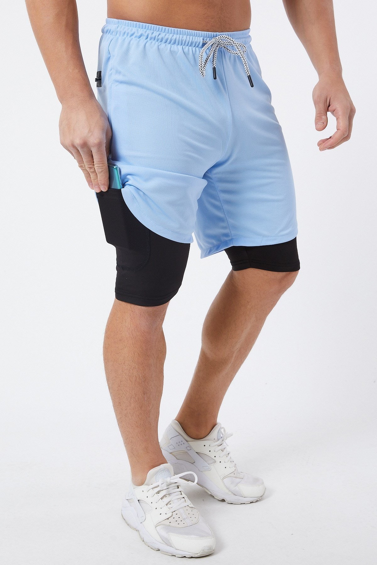 Gymwolves Erkek Spor Şort Çift Katmanlı | Uzun İç Tayt | Mavi | Comfortable Serisi |