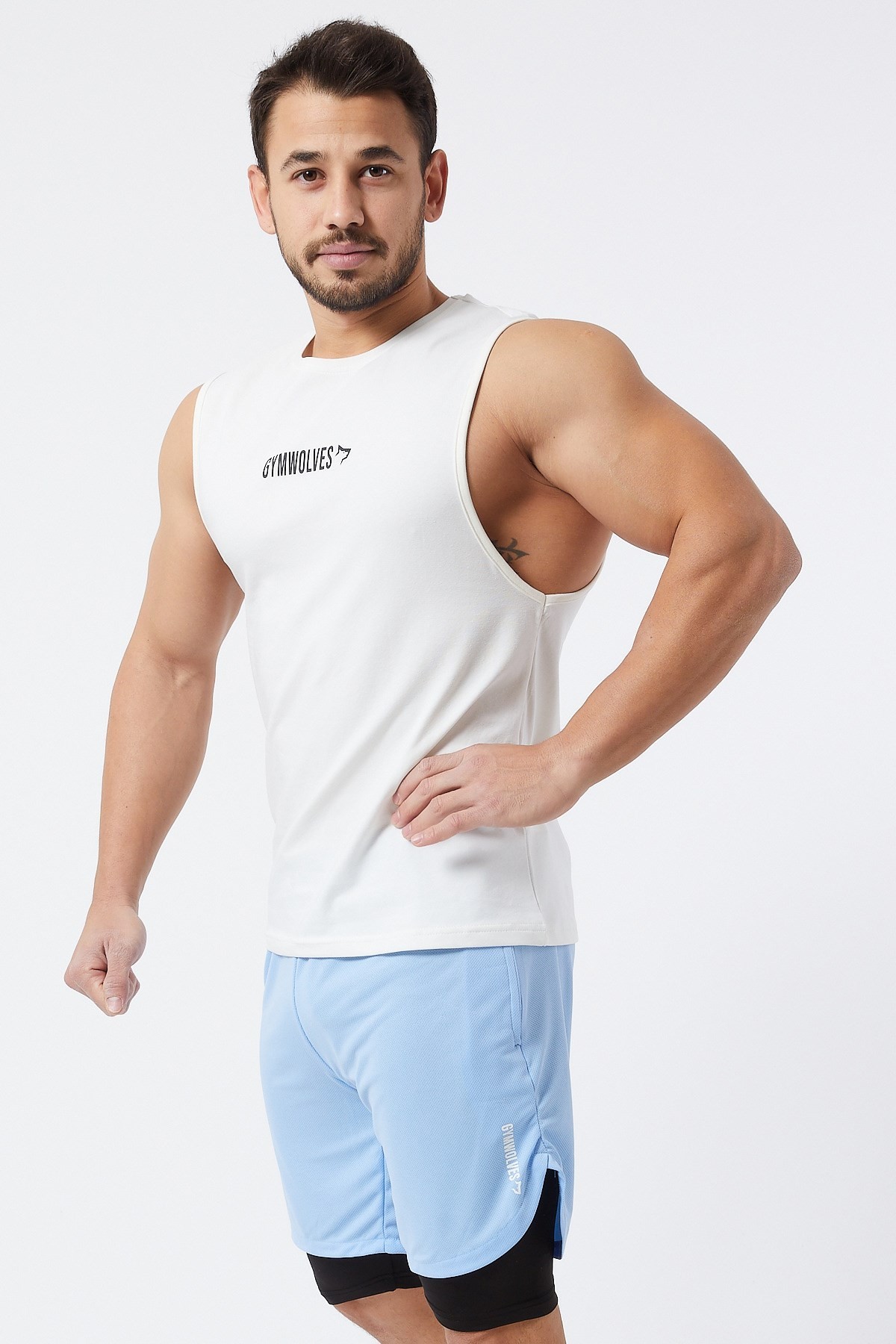 Gymwolves Erkek Kolsuz T-Shirt | Erkek Spor T-shirt | Krem | Workout Tanktop |